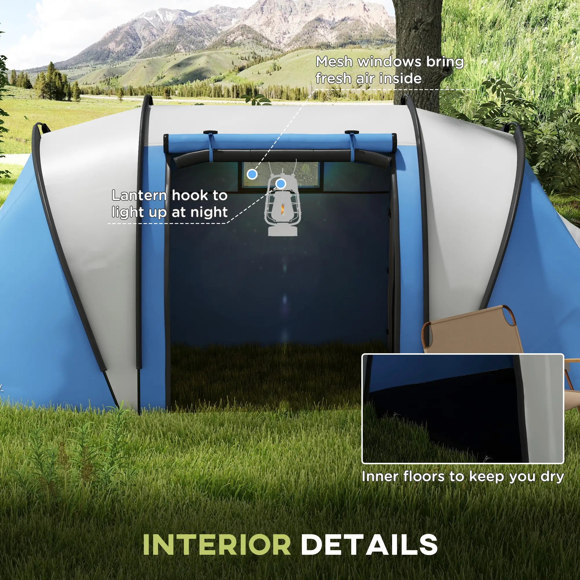 Camping Tent, 2 Bedrooms, Living Area, 3000mm Waterproof, Blue - Image 6