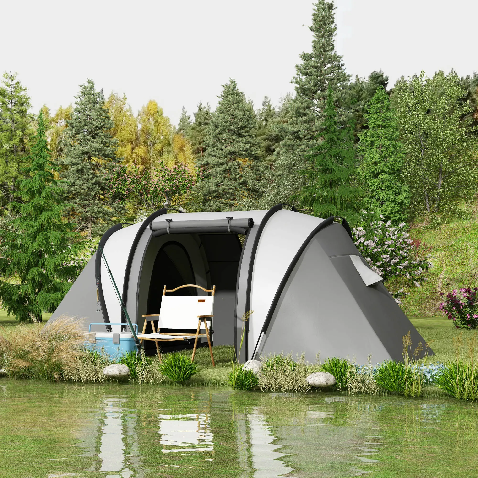 Camping Tent, 2 Bedrooms, Living Area, 3000mm Waterproof, Grey - Image 2