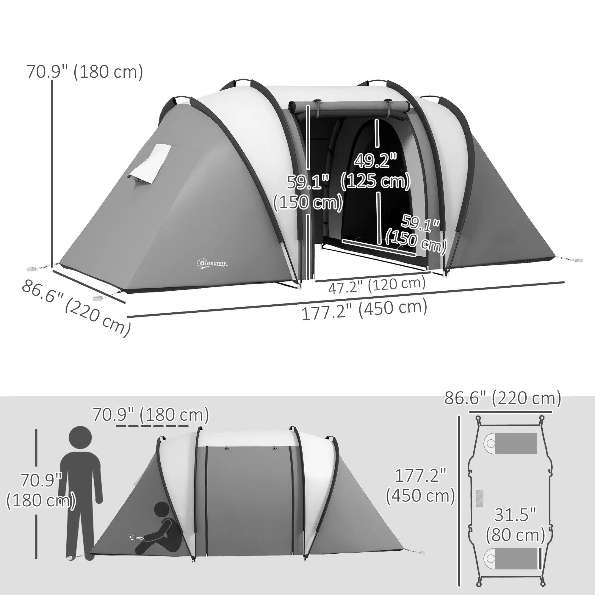 Camping Tent, 2 Bedrooms, Living Area, 3000mm Waterproof, Grey - Image 3