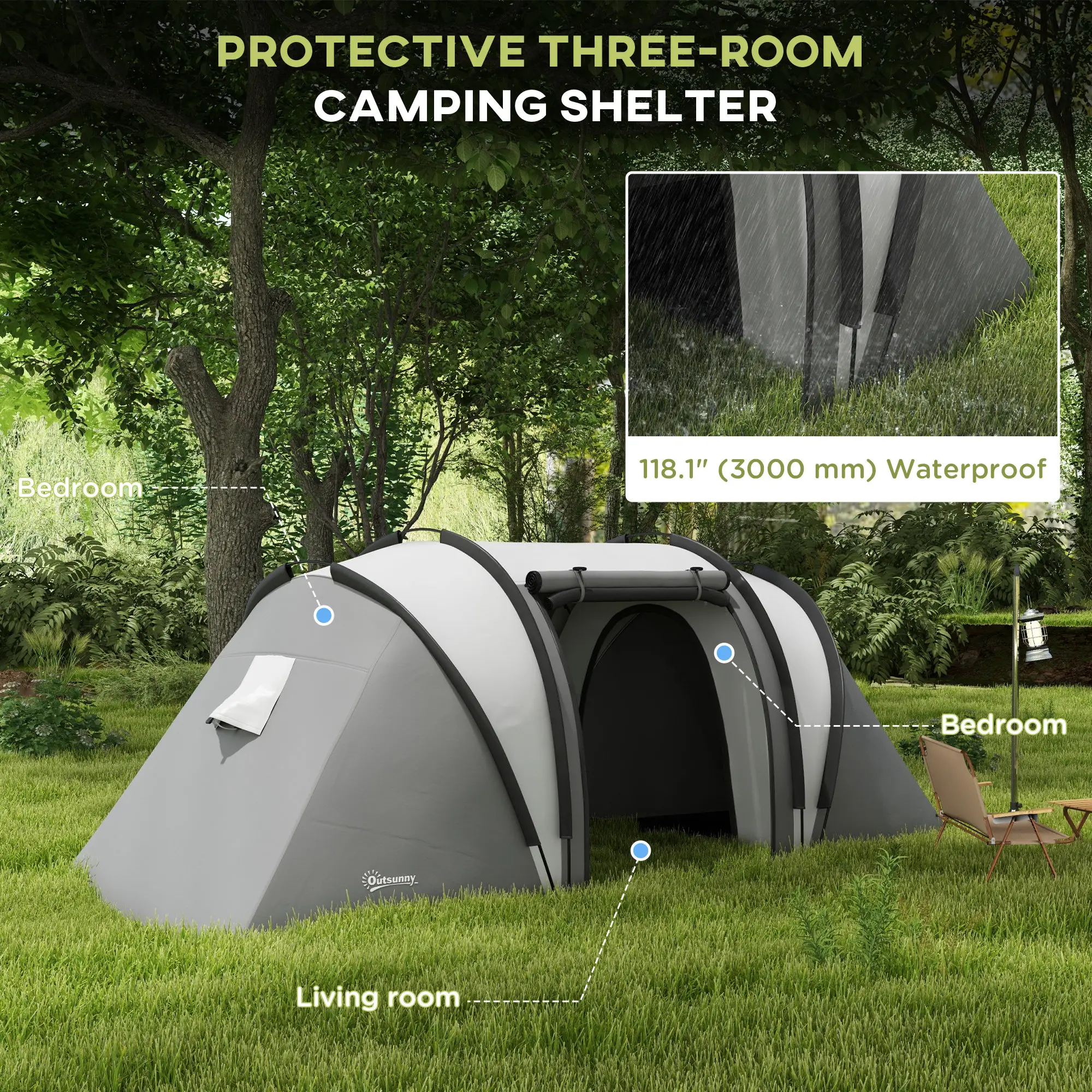 Camping Tent, 2 Bedrooms, Living Area, 3000mm Waterproof, Grey - Image 4