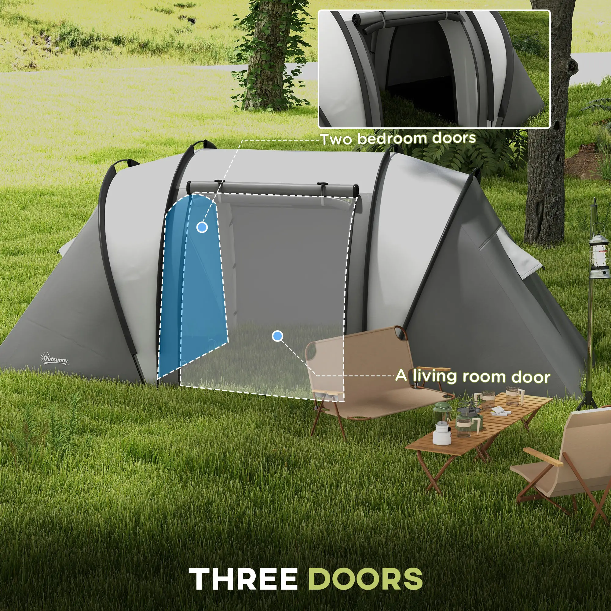 Camping Tent, 2 Bedrooms, Living Area, 3000mm Waterproof, Grey - Image 5