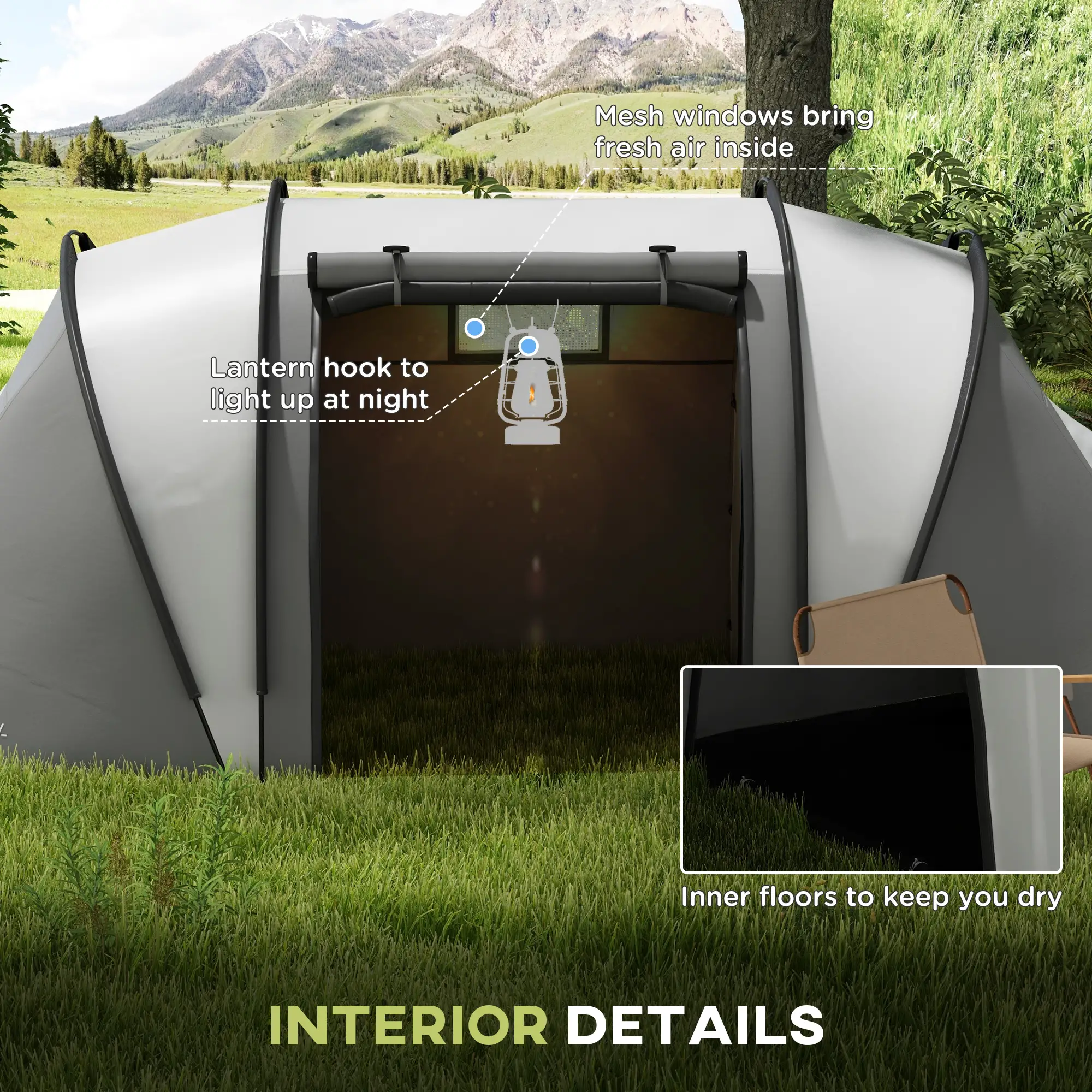 Camping Tent, 2 Bedrooms, Living Area, 3000mm Waterproof, Grey - Image 6