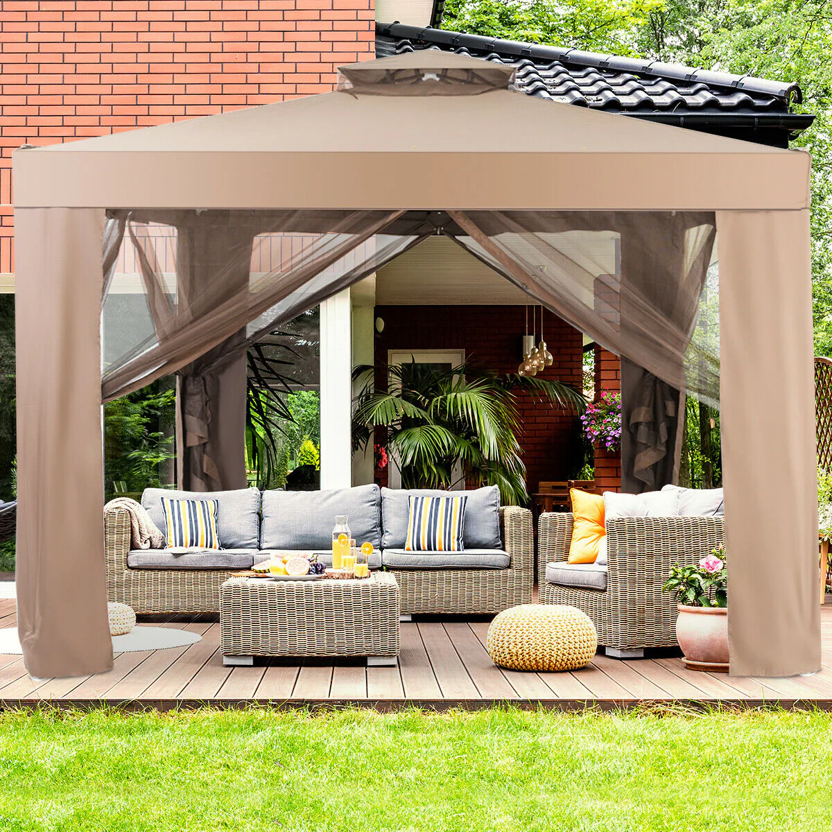 Canopy Garden Gazebo With Netting, Brown - Image 2