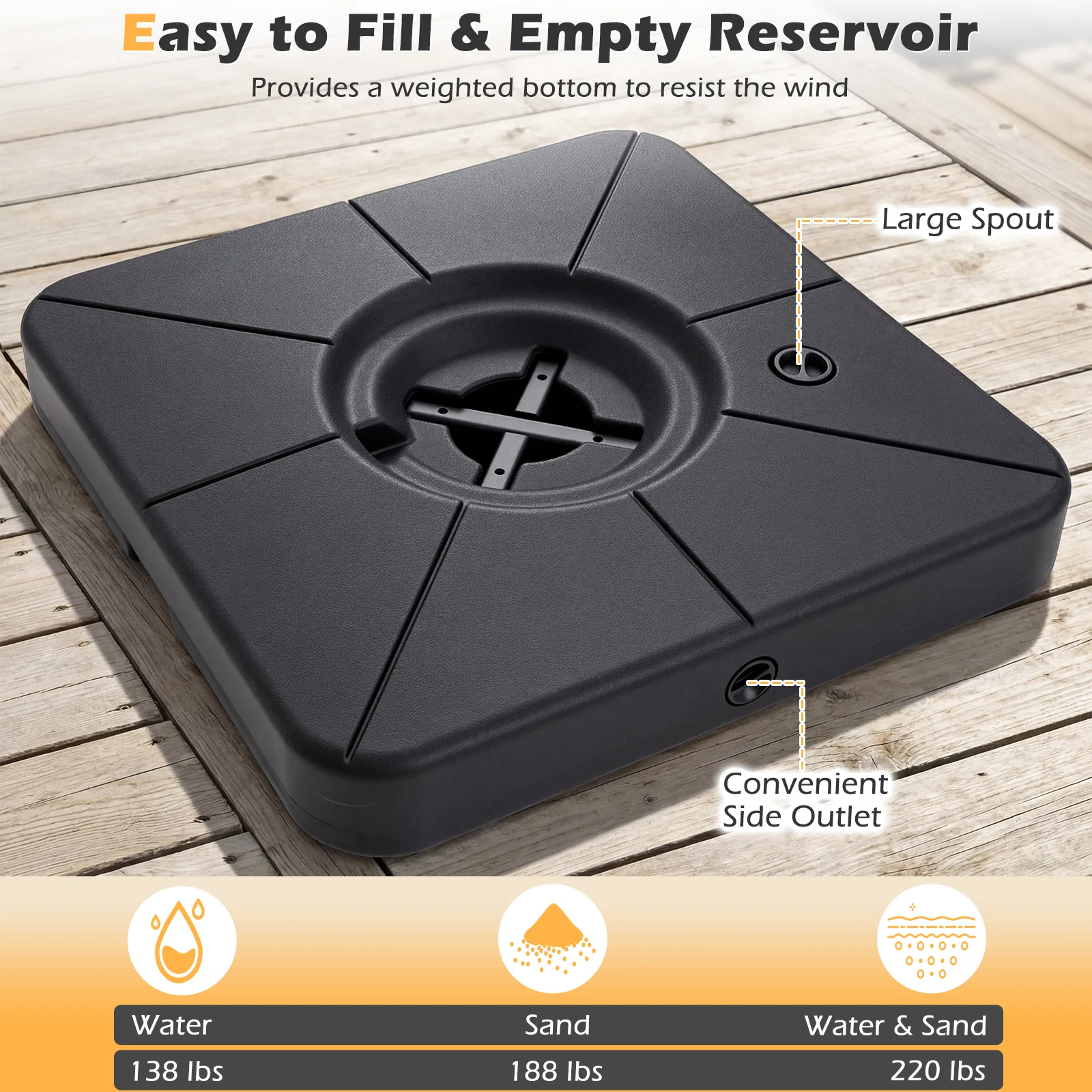 Cantilever Patio Umbrella Base, 220 LBS Water Sand Fillable Weighted Stand, Black - Image 7