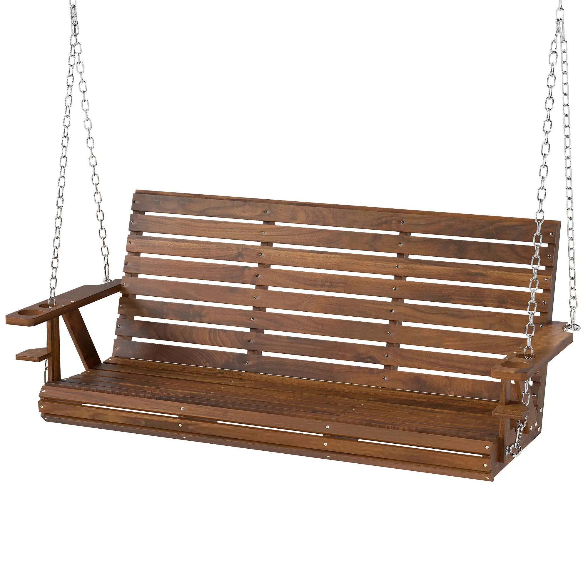 Carbonized Wooden 3-Seater Swing Bench with Cupholders