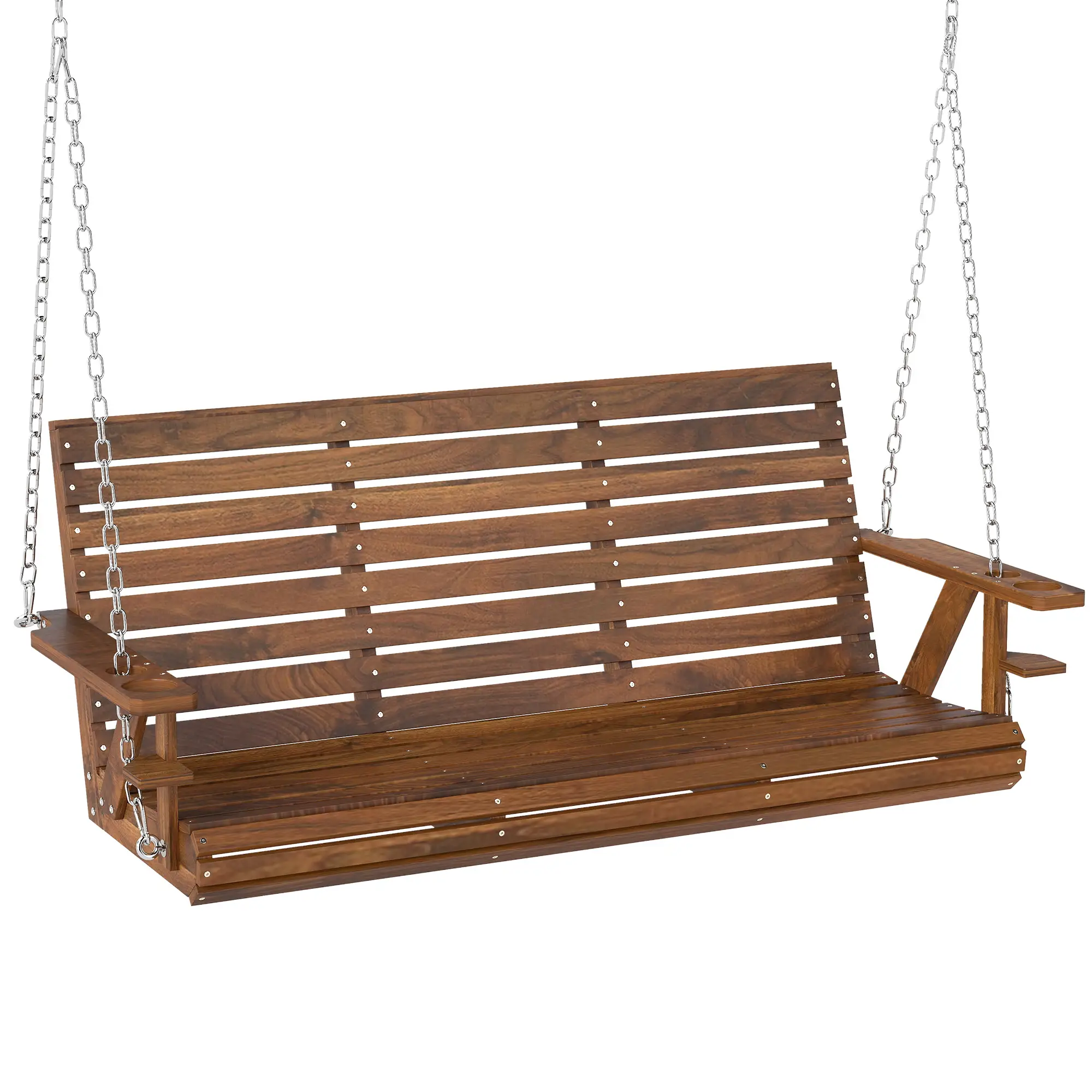 Carbonized Wooden 3-Seater Swing Bench with Cupholders - Image 11