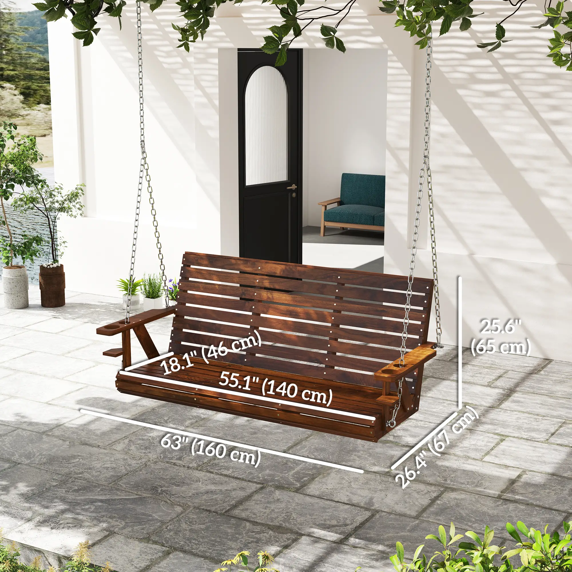 Carbonized Wooden 3-Seater Swing Bench with Cupholders - Image 3