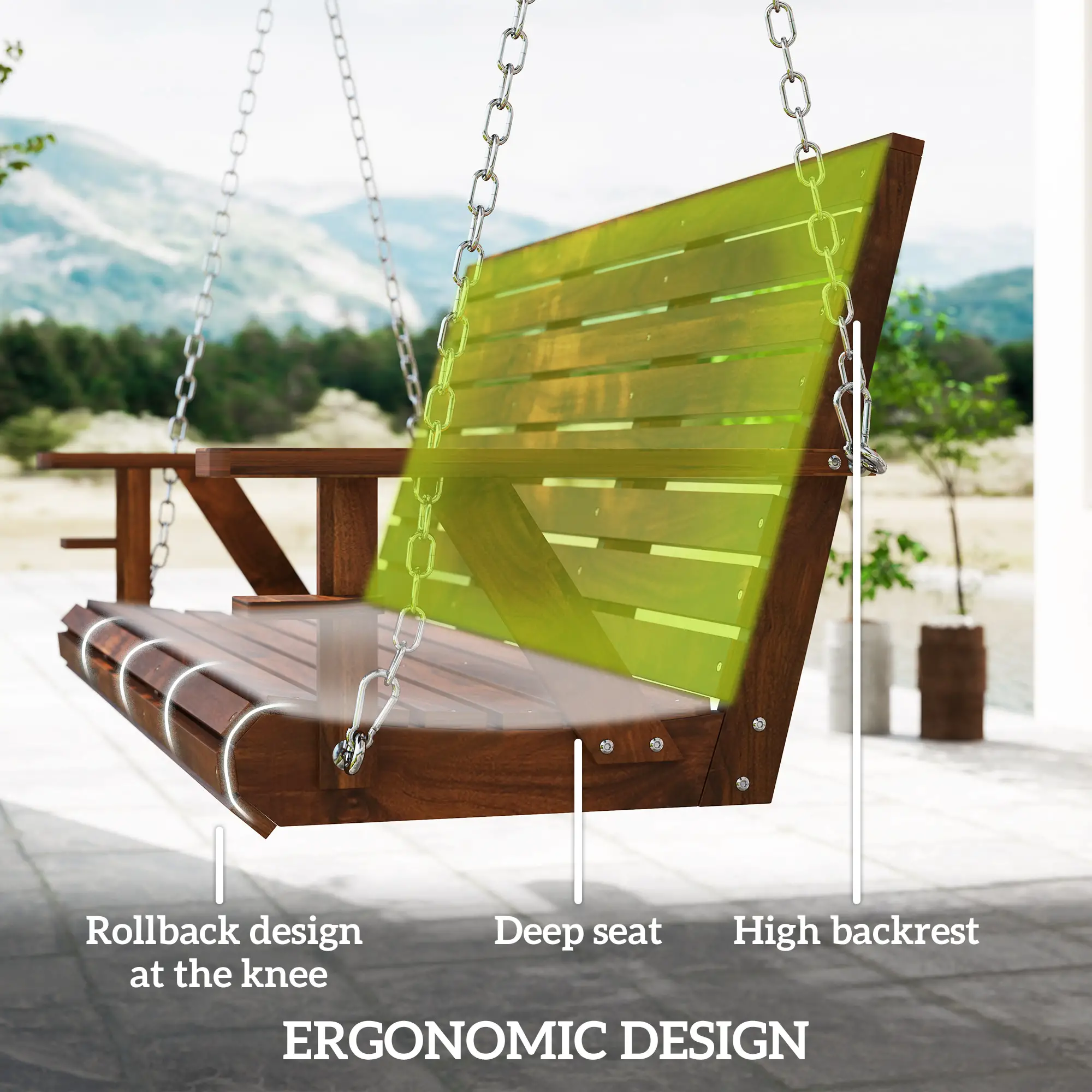 Carbonized Wooden 3-Seater Swing Bench with Cupholders - Image 6