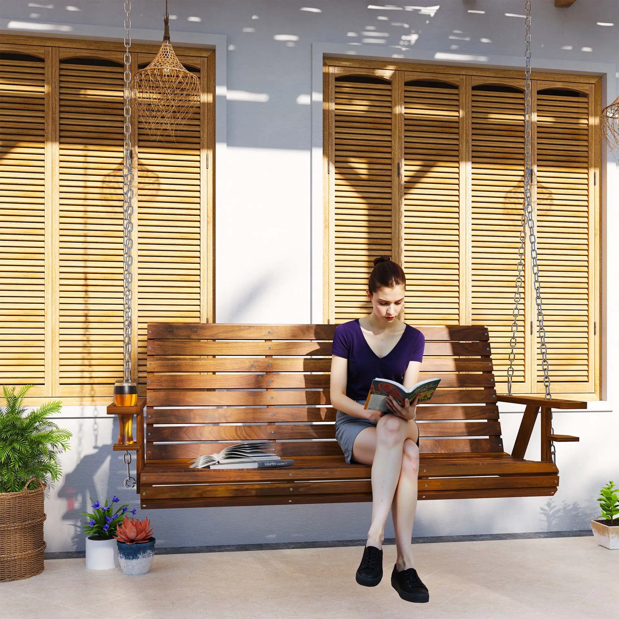 Carbonized Wooden 3-Seater Swing Bench with Cupholders - Image 8
