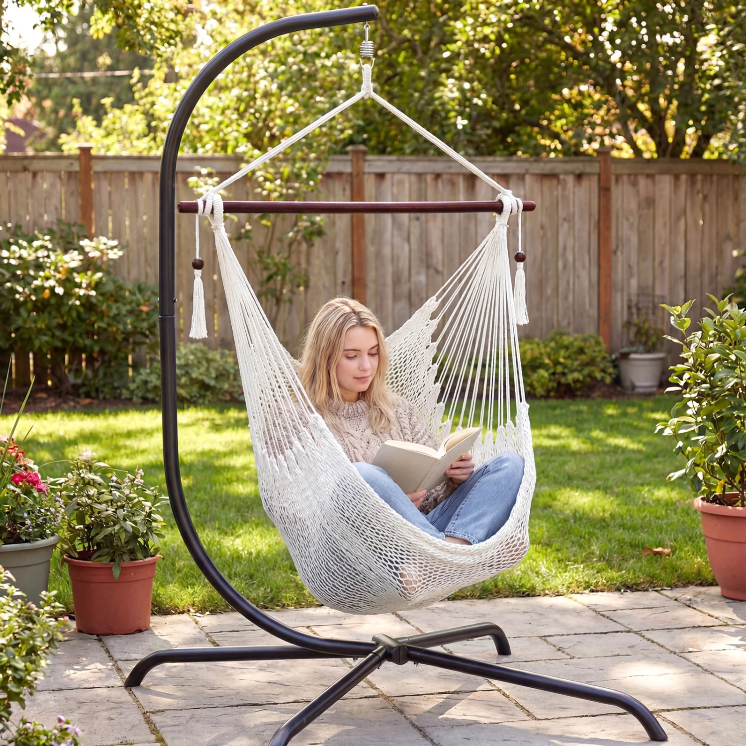 Caribbean Hammock Chair with Metal Spreader Bar Woven Rope Swing, Beige - Image 2