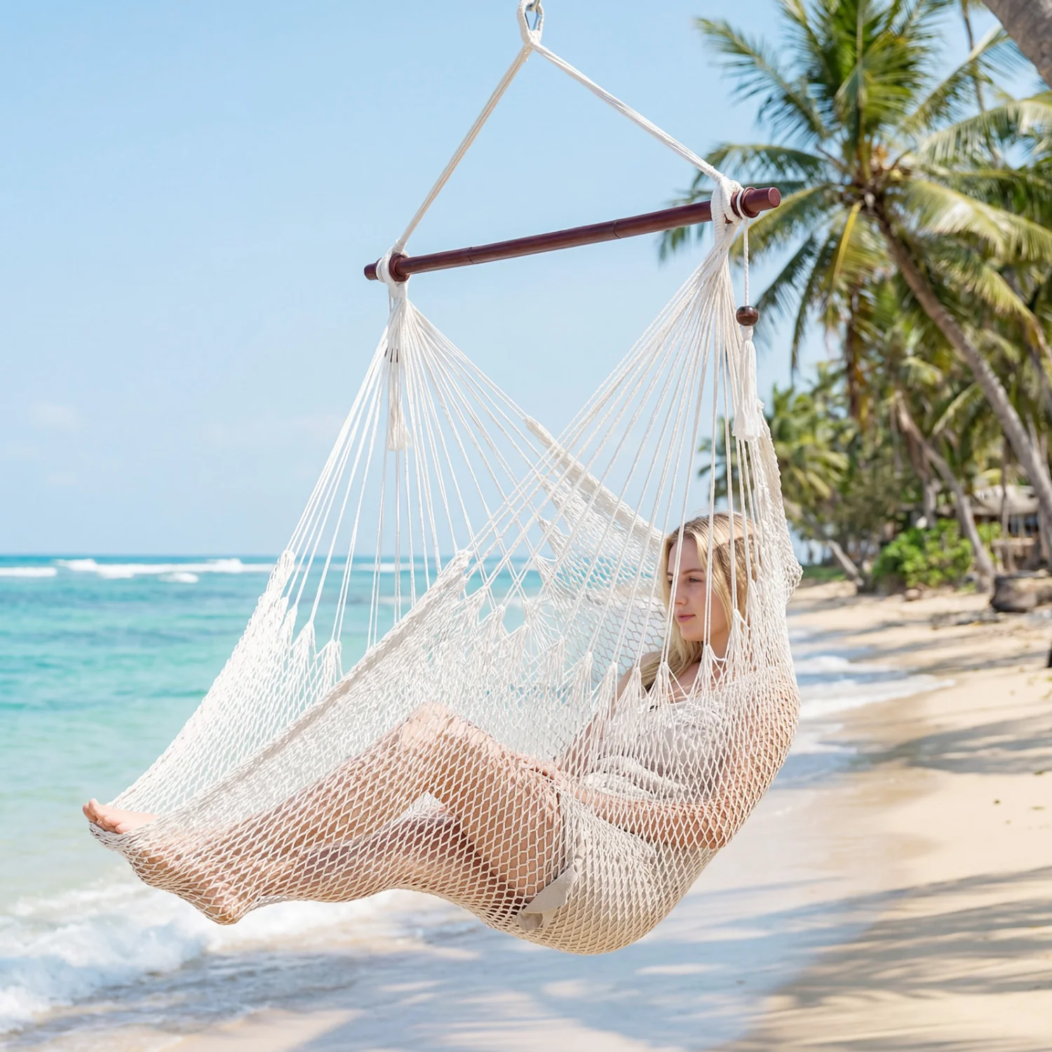 Caribbean Hammock Chair with Metal Spreader Bar Woven Rope Swing, Beige - Image 3