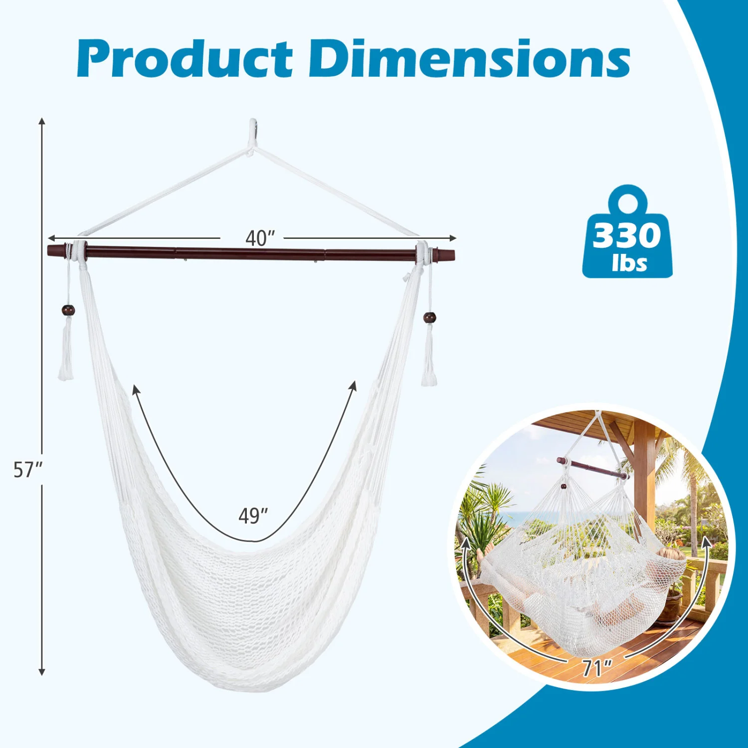 Caribbean Hammock Chair with Metal Spreader Bar Woven Rope Swing, Beige - Image 5