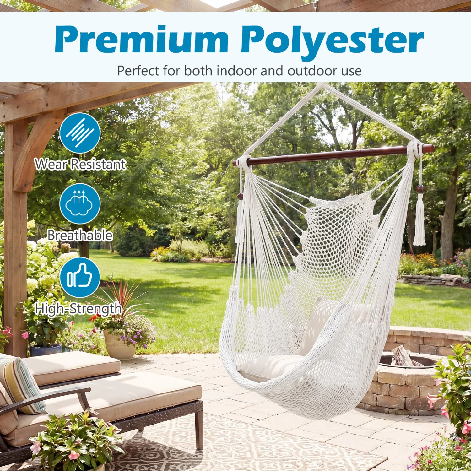 Caribbean Hammock Chair with Metal Spreader Bar Woven Rope Swing, Beige - Image 6