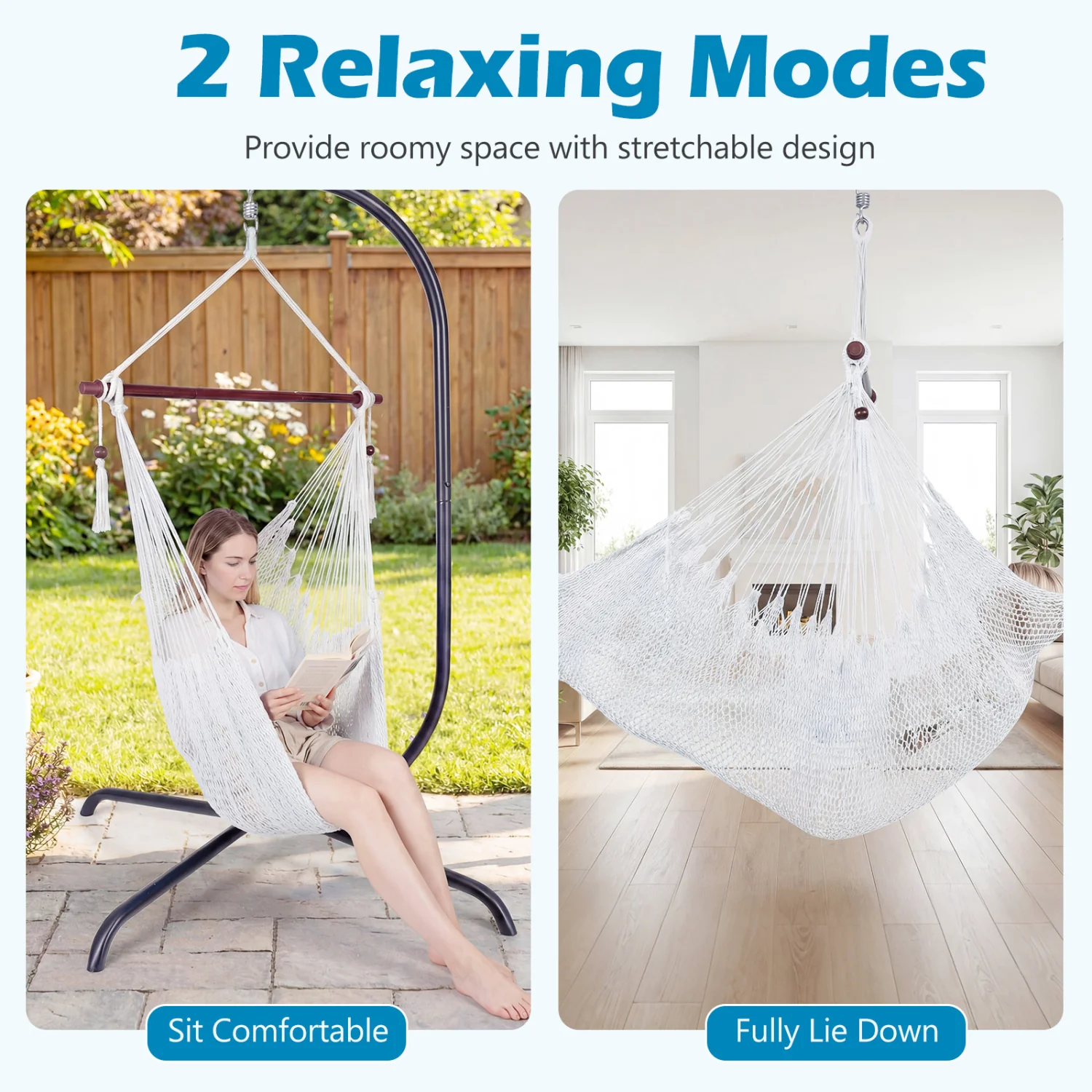 Caribbean Hammock Chair with Metal Spreader Bar Woven Rope Swing, Beige - Image 7