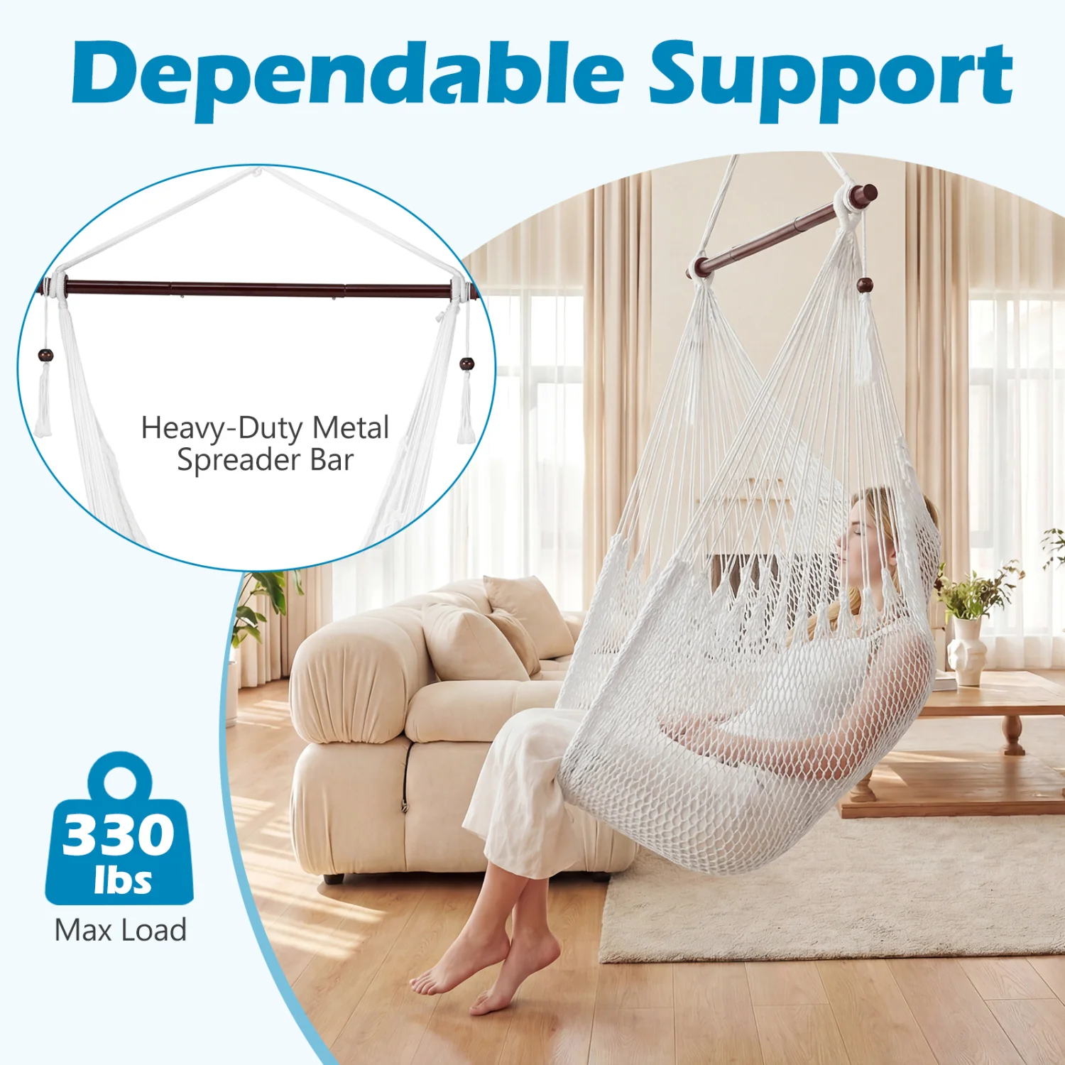 Caribbean Hammock Chair with Metal Spreader Bar Woven Rope Swing, Beige - Image 8