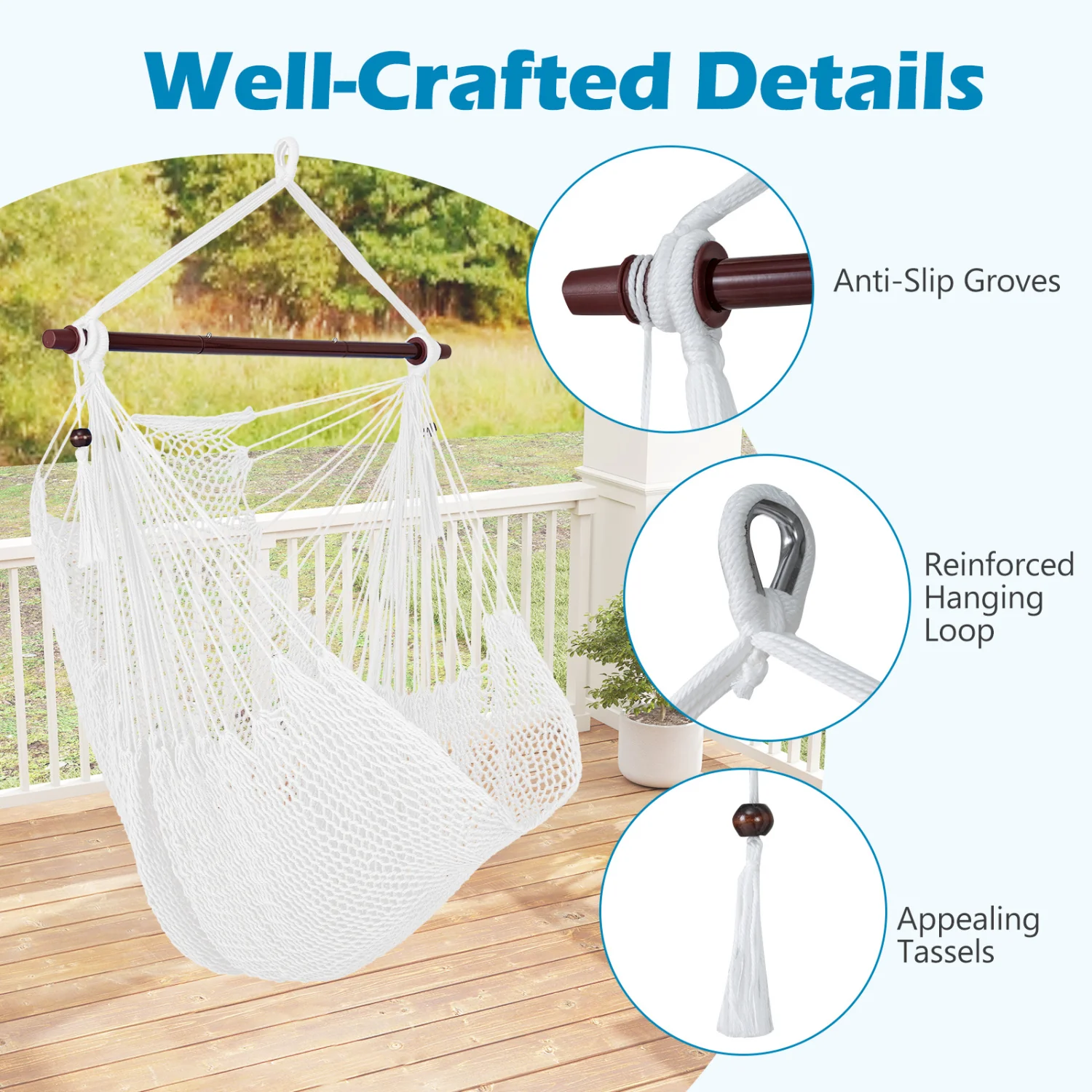 Caribbean Hammock Chair with Metal Spreader Bar Woven Rope Swing, Beige - Image 9