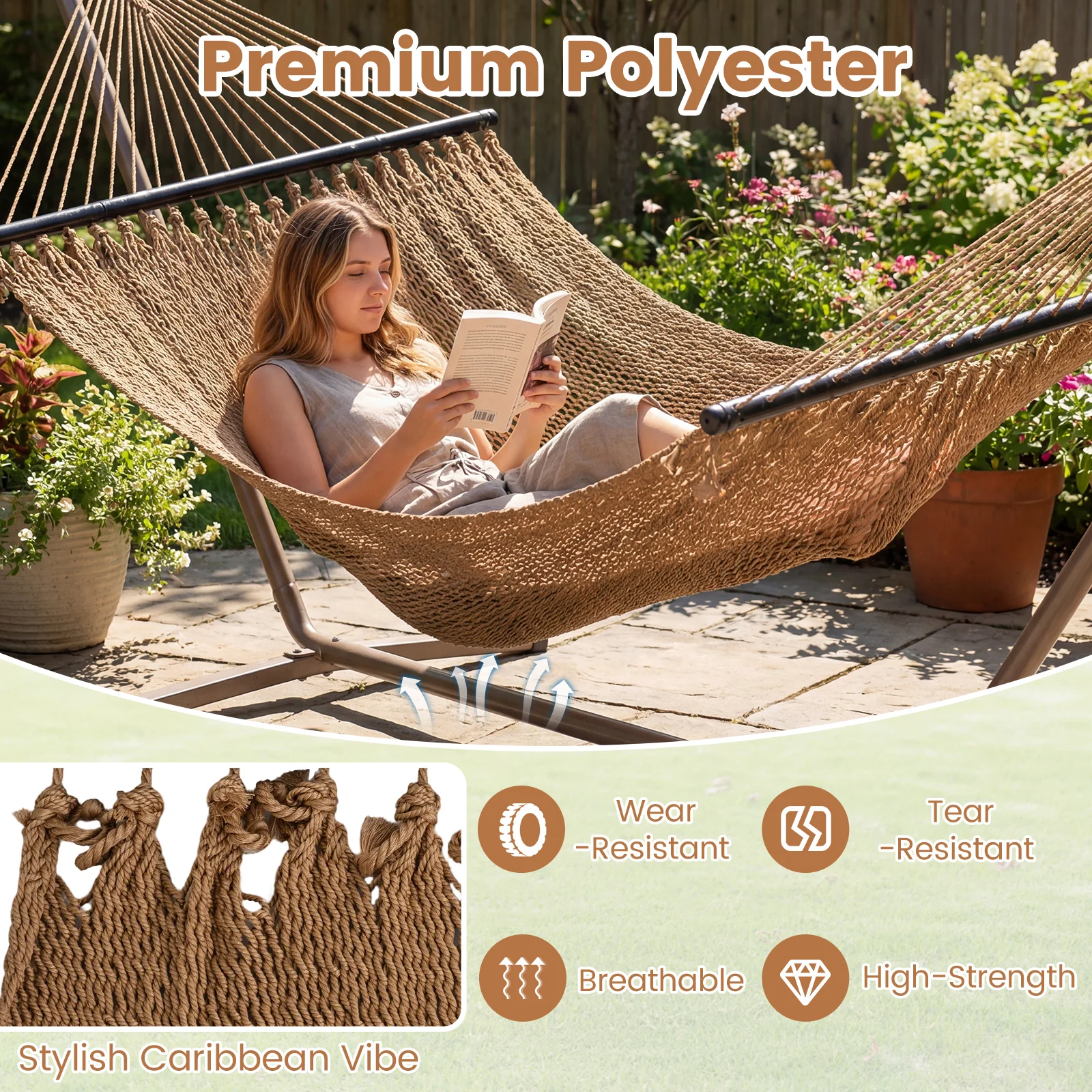 Caribbean Hammock With Spreader Bar, Khaki - Image 7