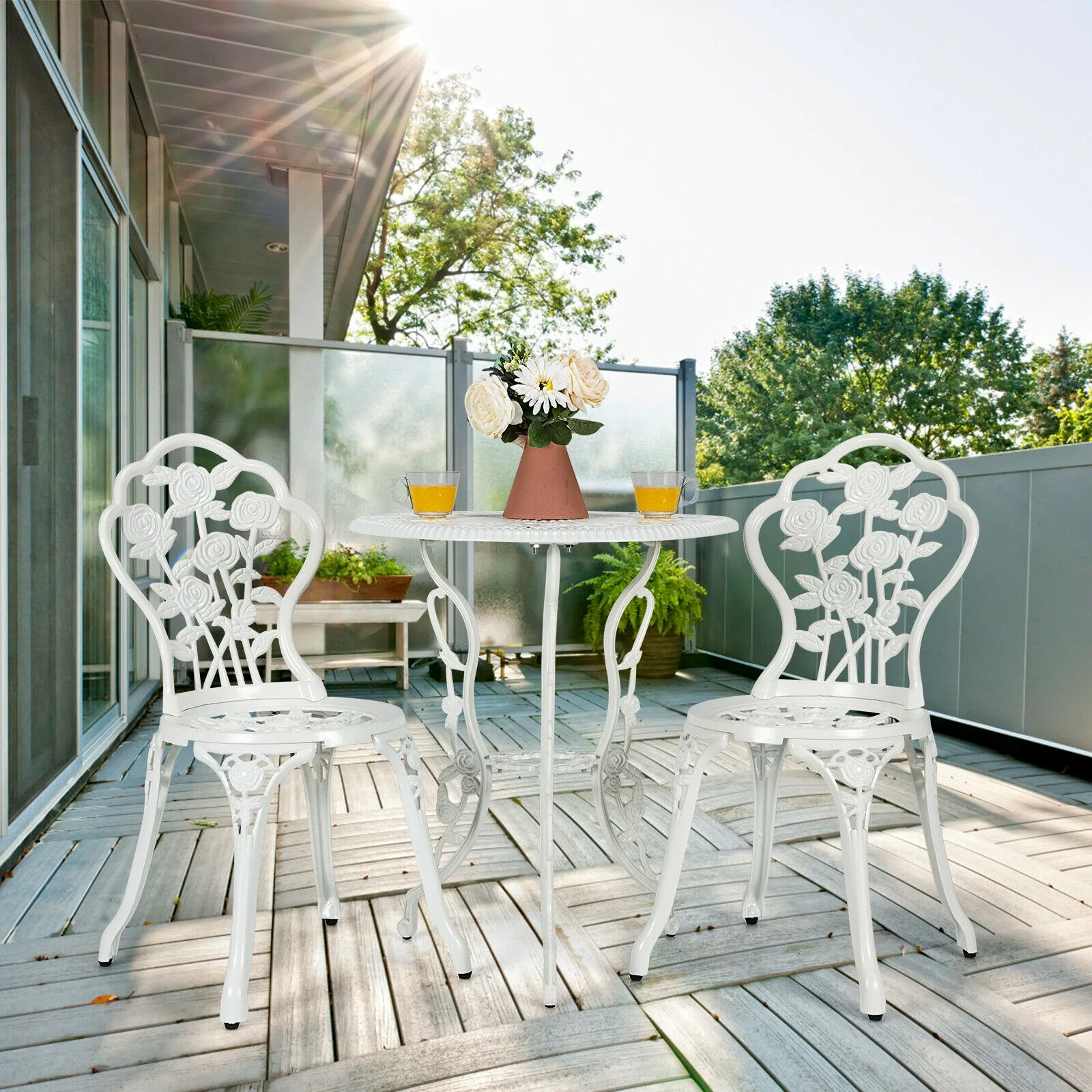 Cast Aluminum Patio Furniture Set, Rose Design, White - Image 2