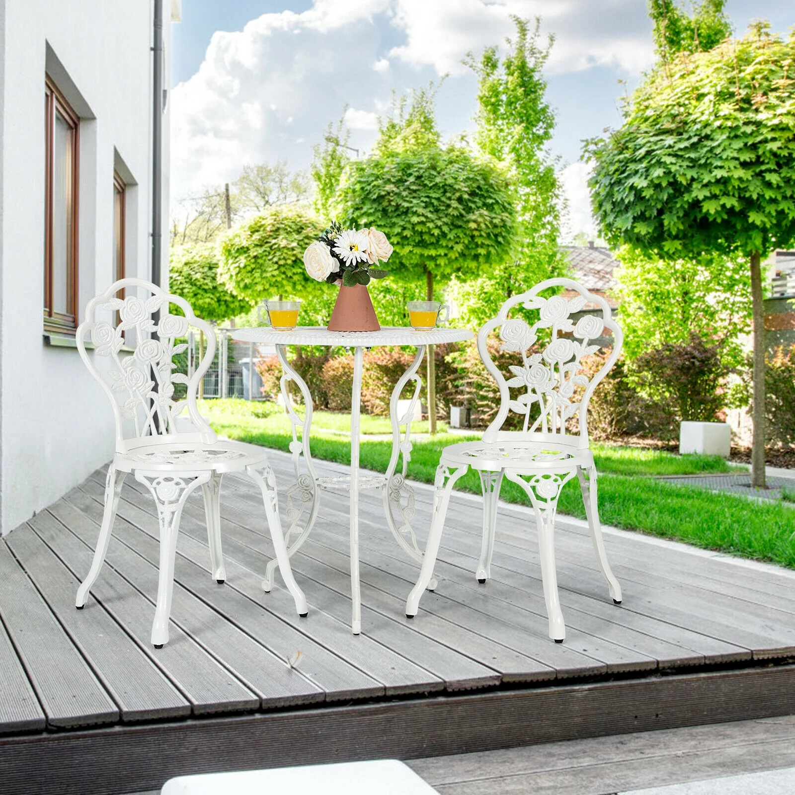 Cast Aluminum Patio Furniture Set, Rose Design, White - Image 3