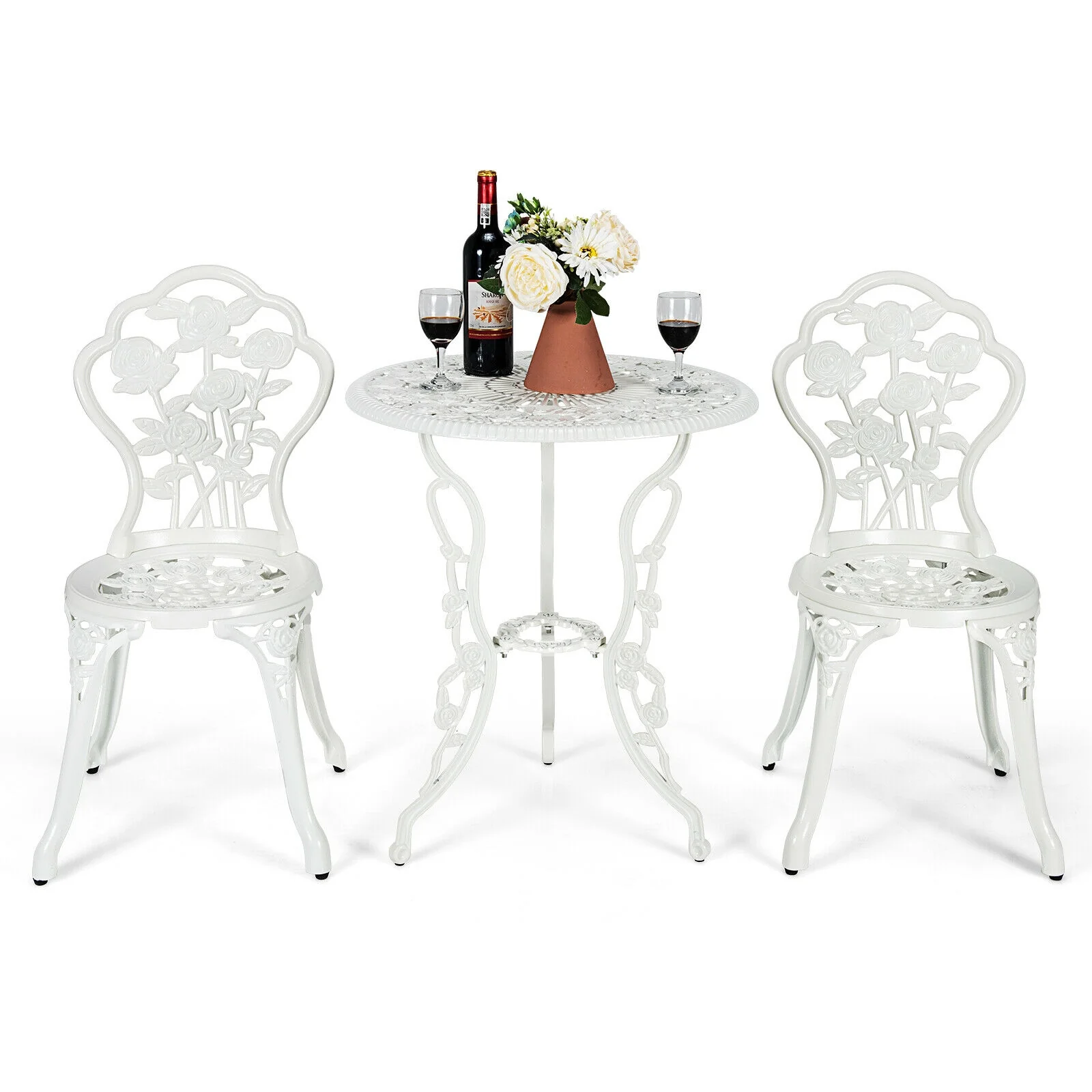 Cast Aluminum Patio Furniture Set, Rose Design, White - Image 5