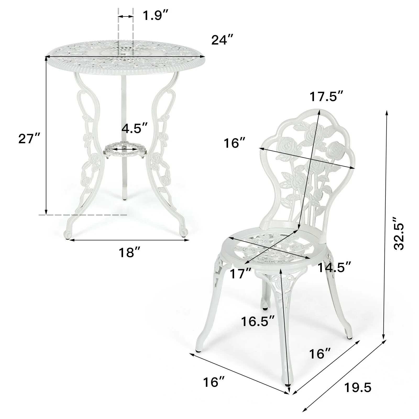 Cast Aluminum Patio Furniture Set, Rose Design, White - Image 6