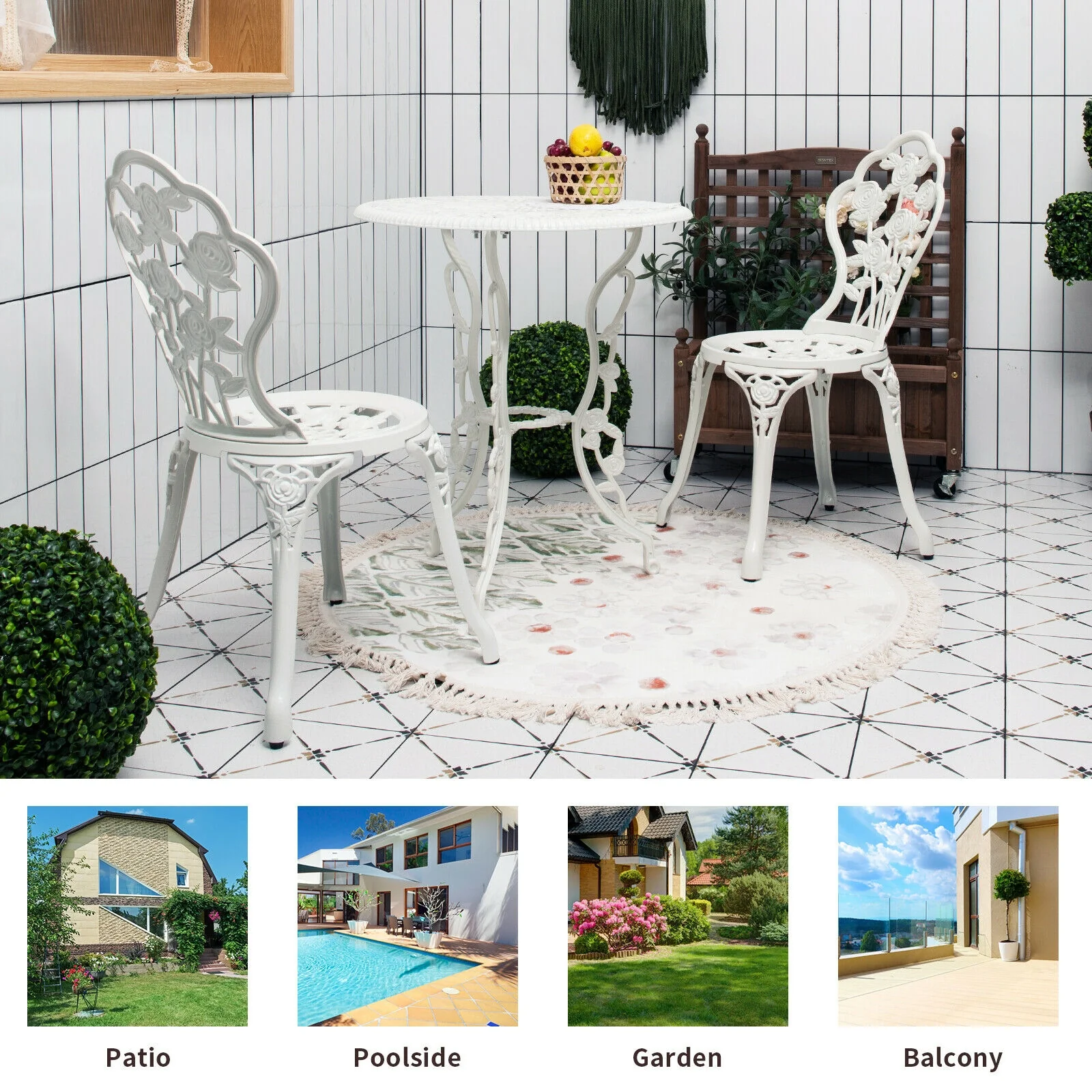 Cast Aluminum Patio Furniture Set, Rose Design, White - Image 7