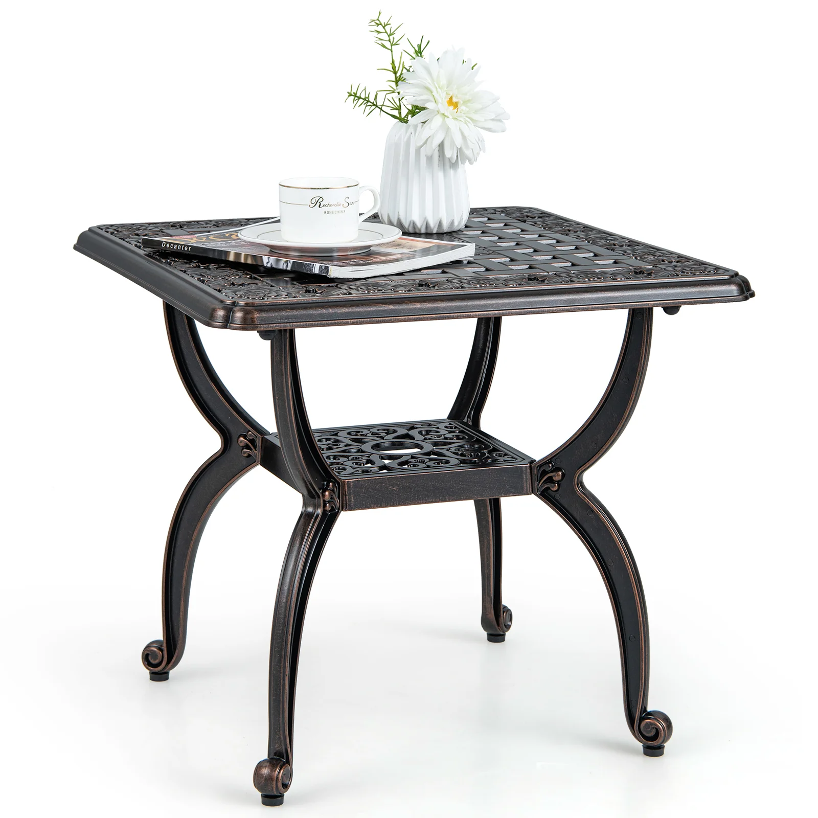 Cast Aluminum Side Table With Storage Shelf, 18 Inch, Brown - Image 4