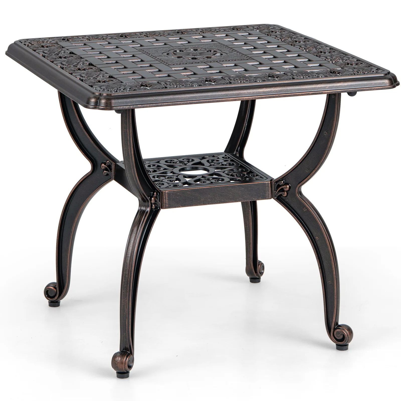 Cast Aluminum Side Table With Storage Shelf, 18 Inch, Brown - Image 5
