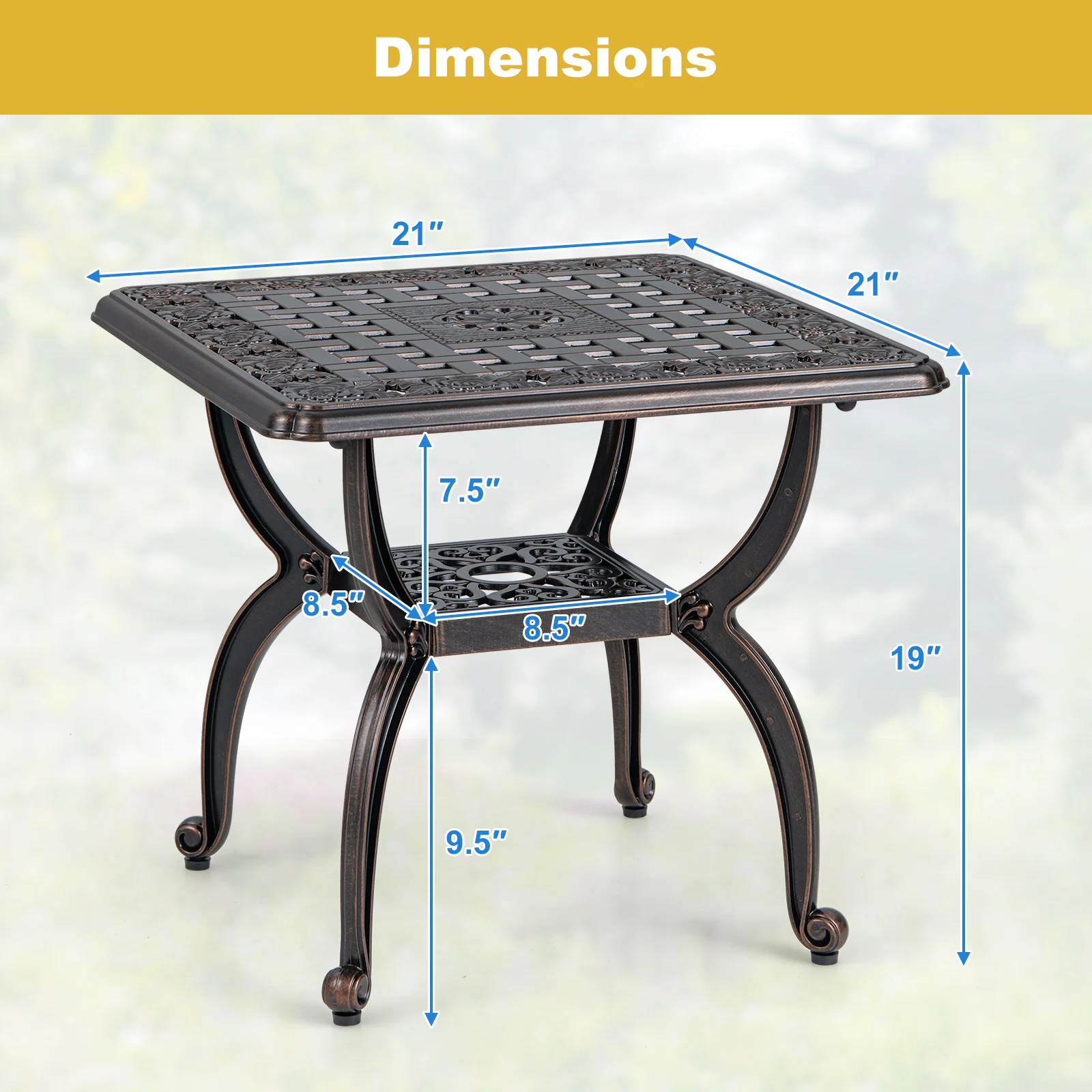 Cast Aluminum Side Table With Storage Shelf, 18 Inch, Brown - Image 6