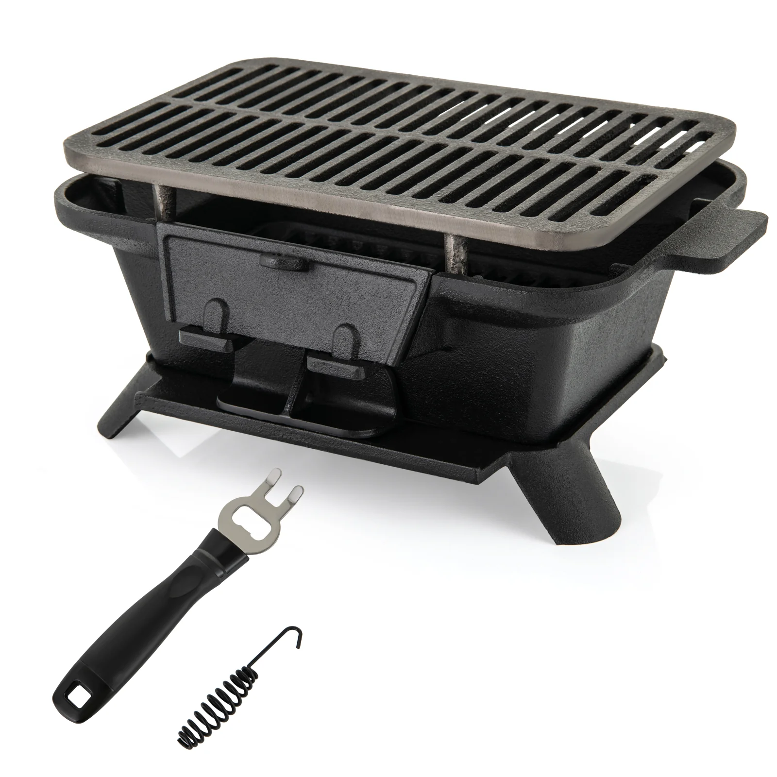 Cast Iron Hibachi Grill With Grill Grate Lifter, Black