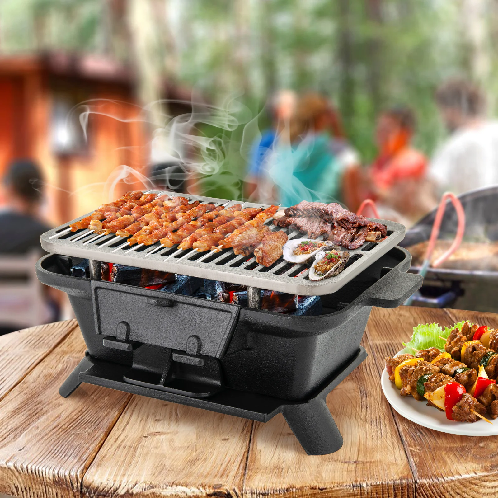 Cast Iron Hibachi Grill With Grill Grate Lifter, Black - Image 2