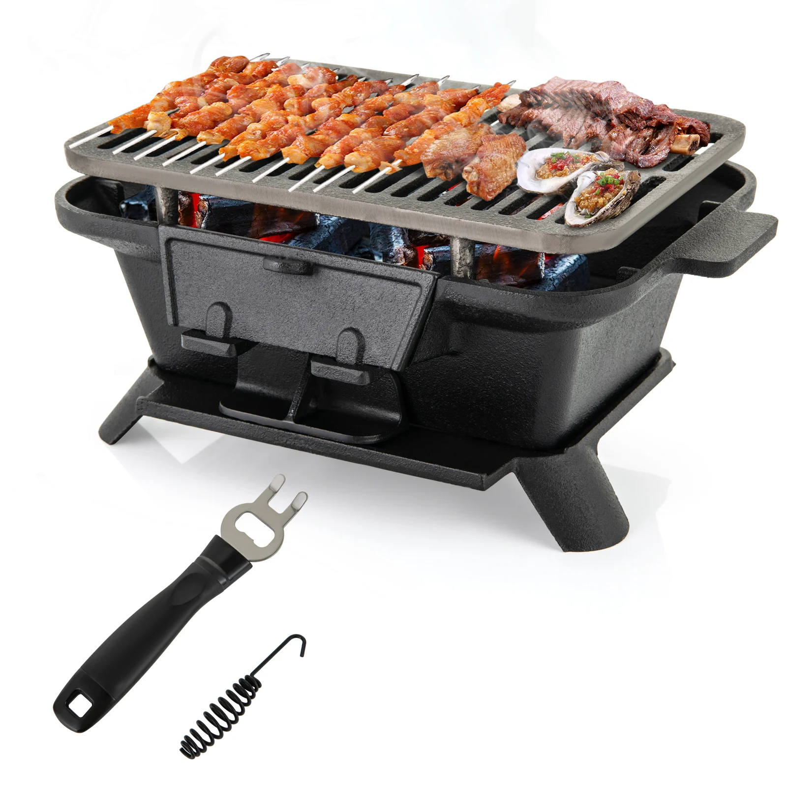Cast Iron Hibachi Grill With Grill Grate Lifter, Black - Image 4