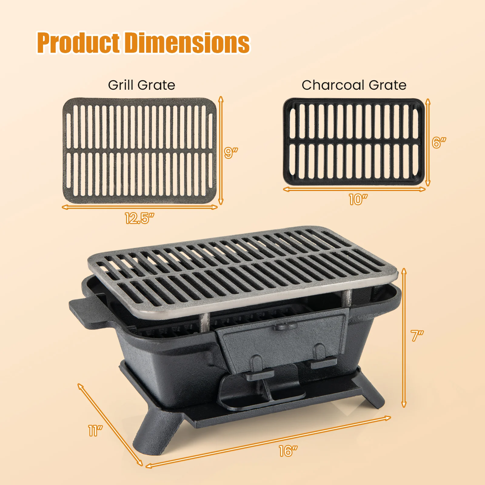 Cast Iron Hibachi Grill With Grill Grate Lifter, Black - Image 5