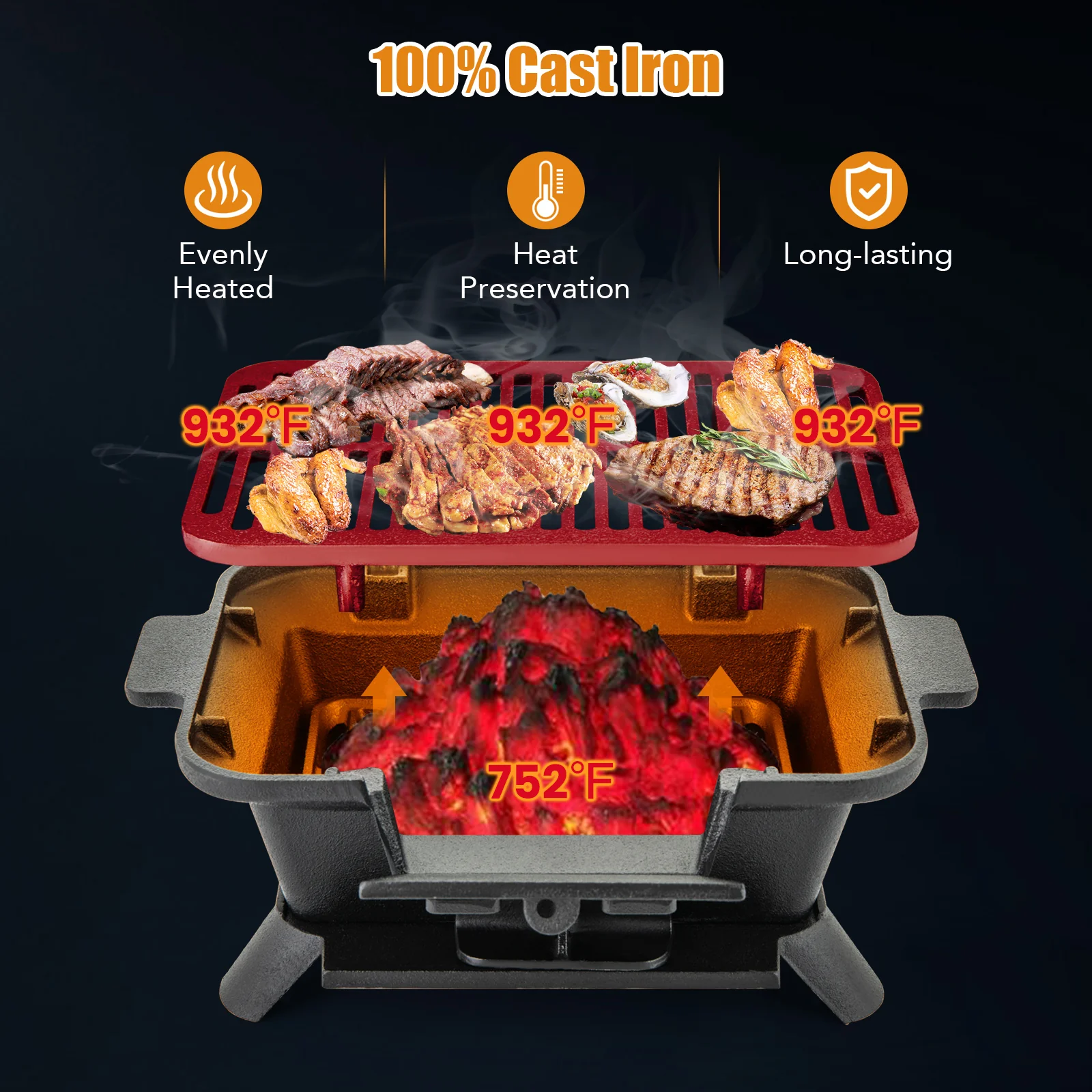 Cast Iron Hibachi Grill With Grill Grate Lifter, Black - Image 6