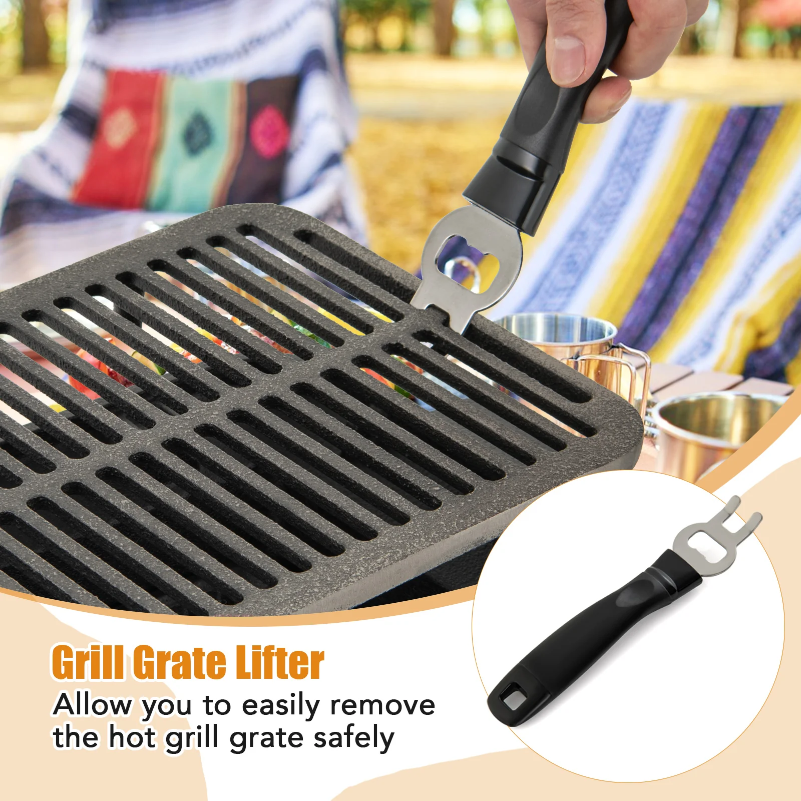 Cast Iron Hibachi Grill With Grill Grate Lifter, Black - Image 7