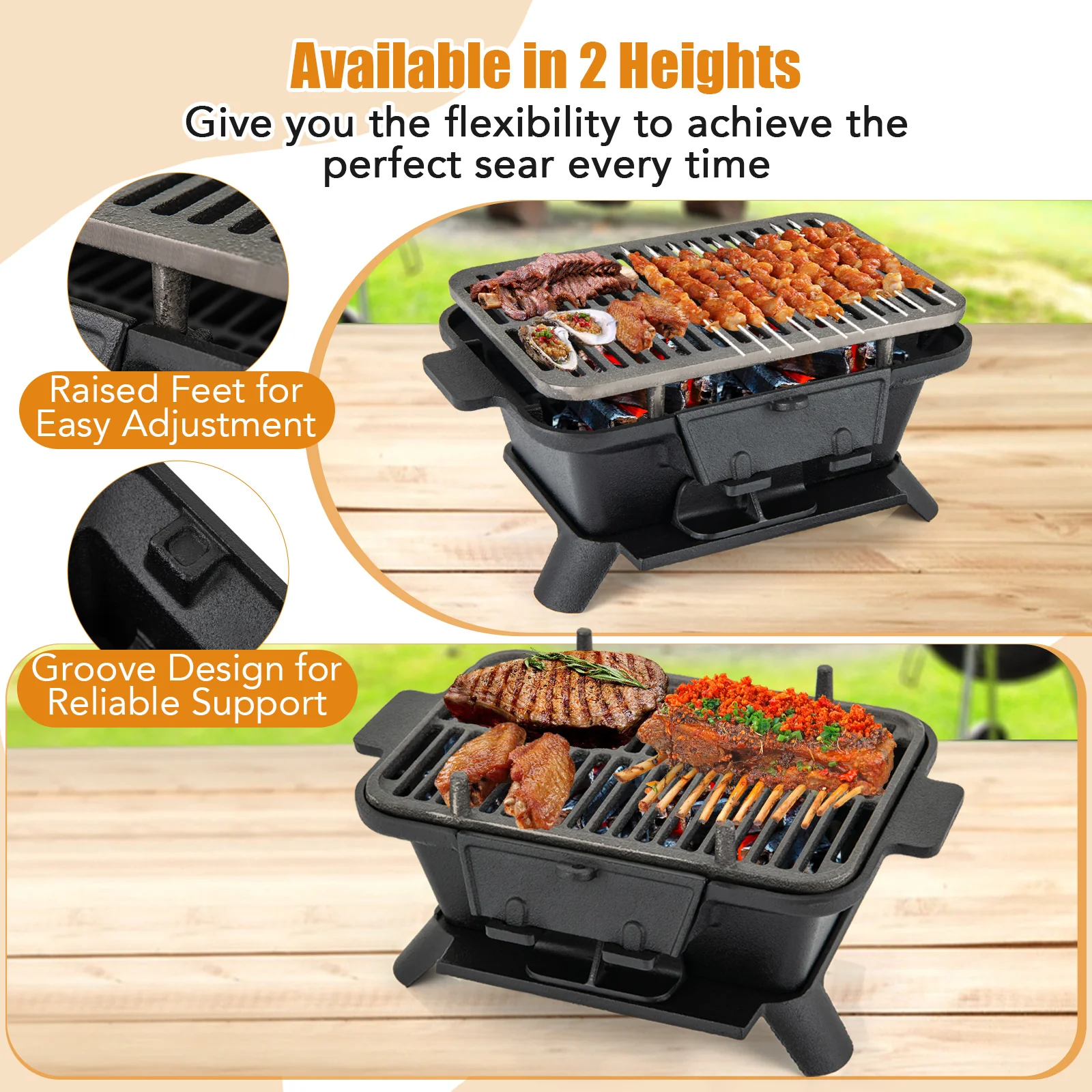 Cast Iron Hibachi Grill With Grill Grate Lifter, Black - Image 9