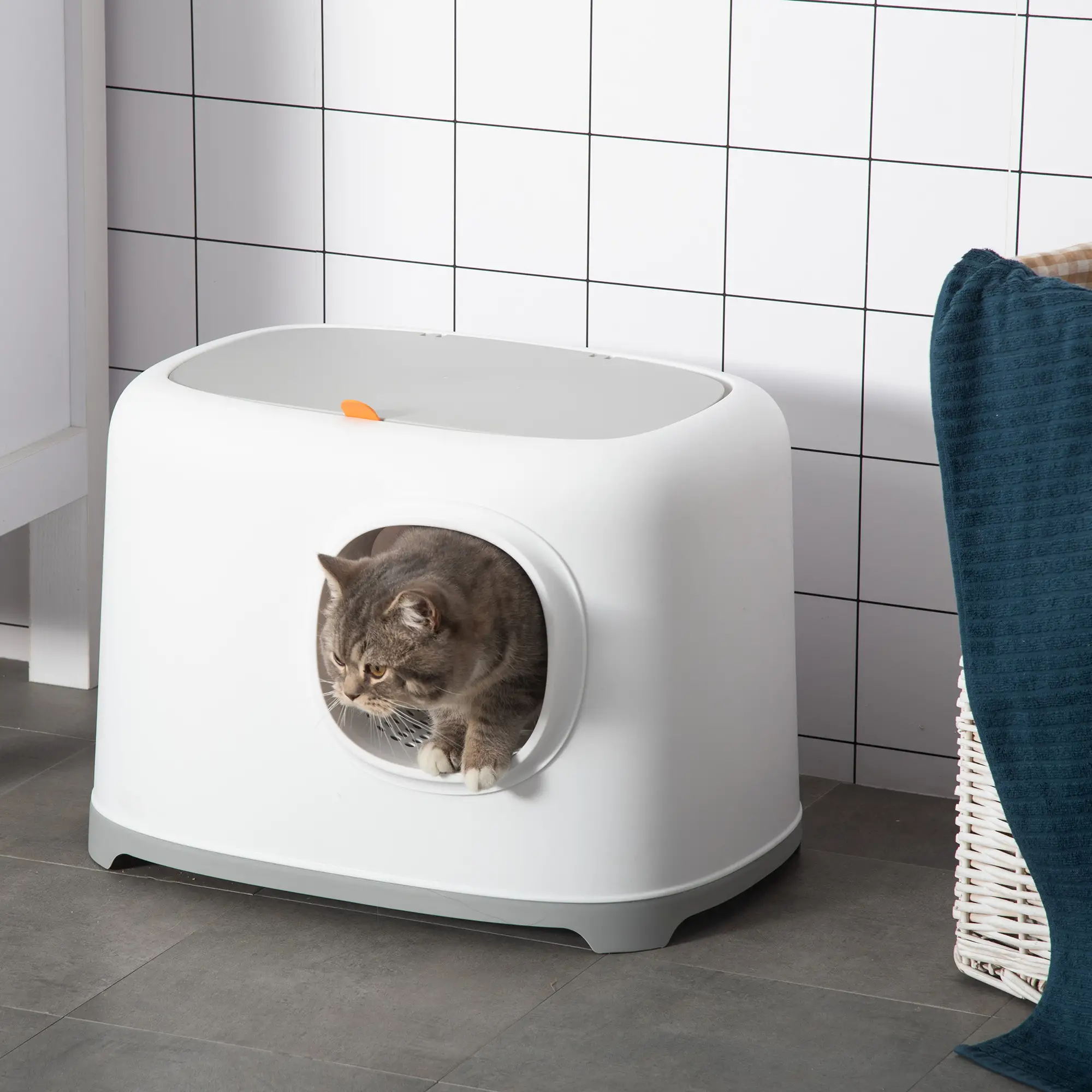 Cat Litter Box, Anti-Sand Tunnel, Scoop, Open Top, White - Image 2