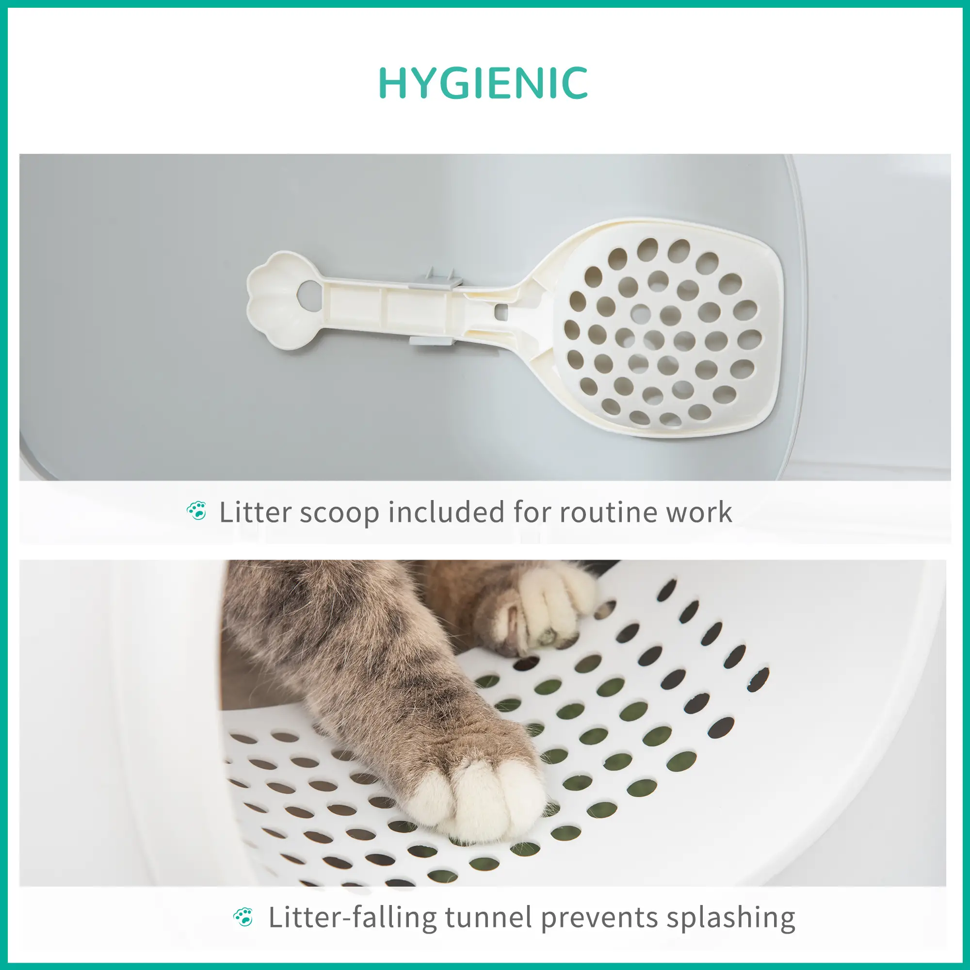 Cat Litter Box, Anti-Sand Tunnel, Scoop, Open Top, White - Image 4