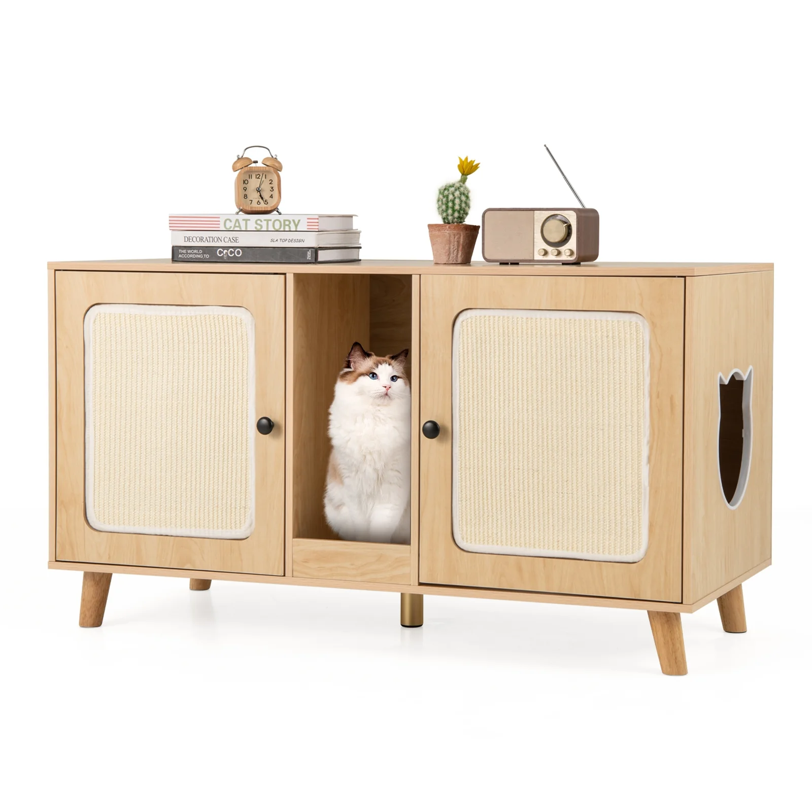 Cat Litter Box Enclosure, 43 Inches, Double Rooms, 2 Sisal Scratching Mats, Natural