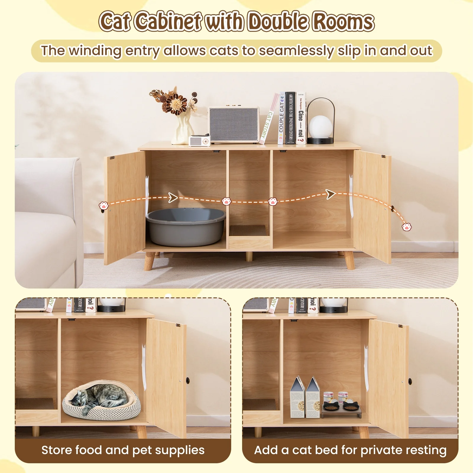 Cat Litter Box Enclosure, 43 Inches, Double Rooms, 2 Sisal Scratching Mats, Natural - Image 10
