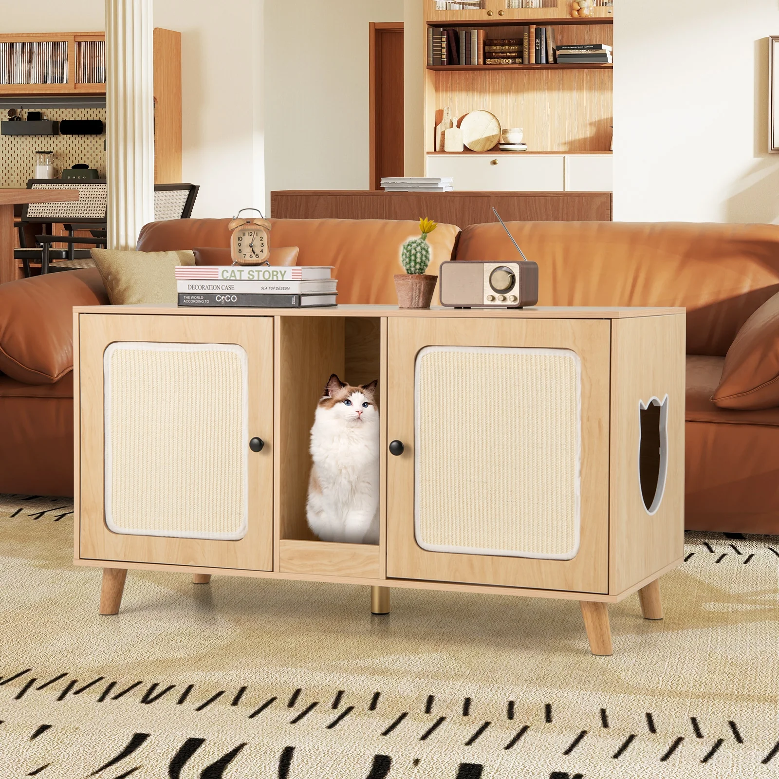 Cat Litter Box Enclosure, 43 Inches, Double Rooms, 2 Sisal Scratching Mats, Natural - Image 2