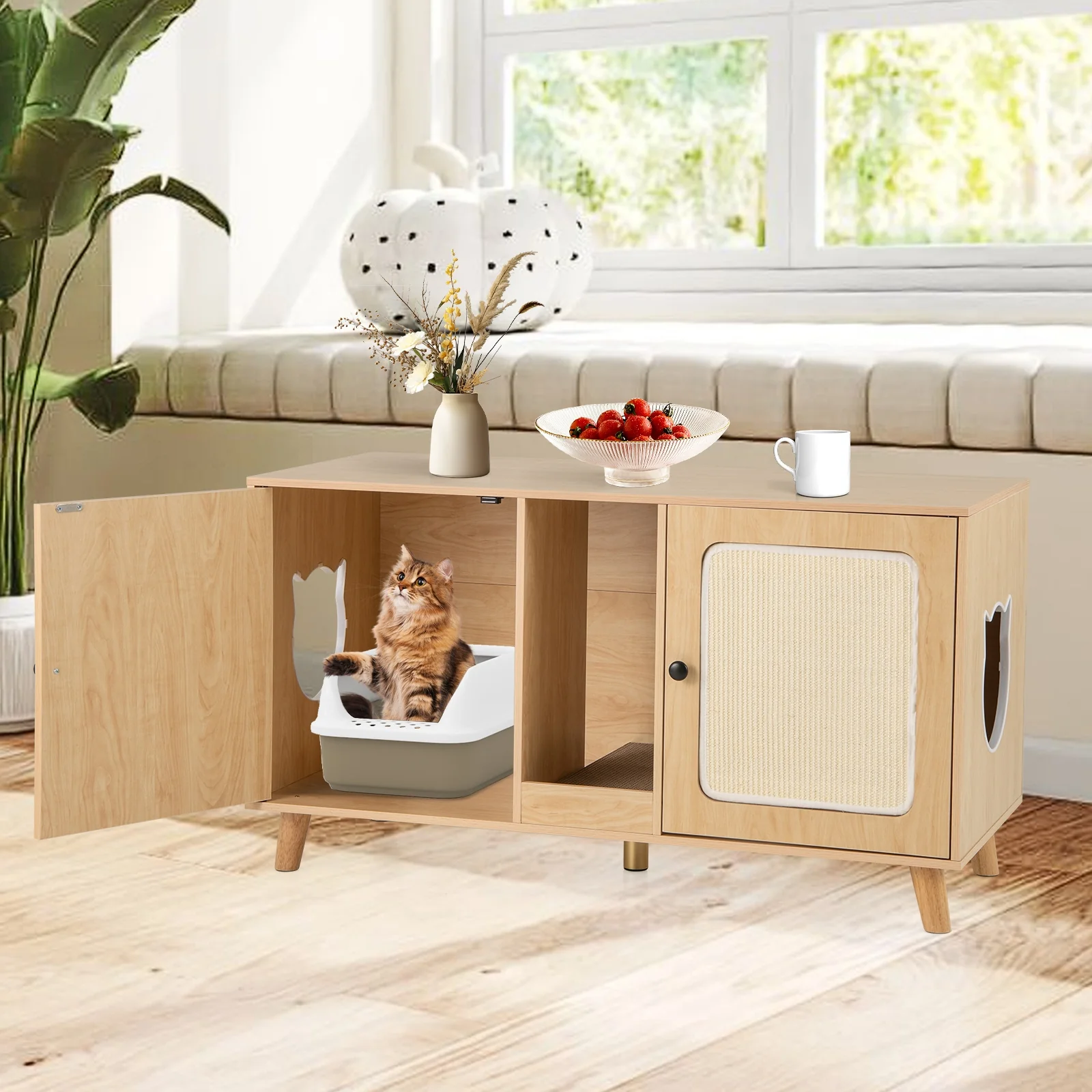 Cat Litter Box Enclosure, 43 Inches, Double Rooms, 2 Sisal Scratching Mats, Natural - Image 3