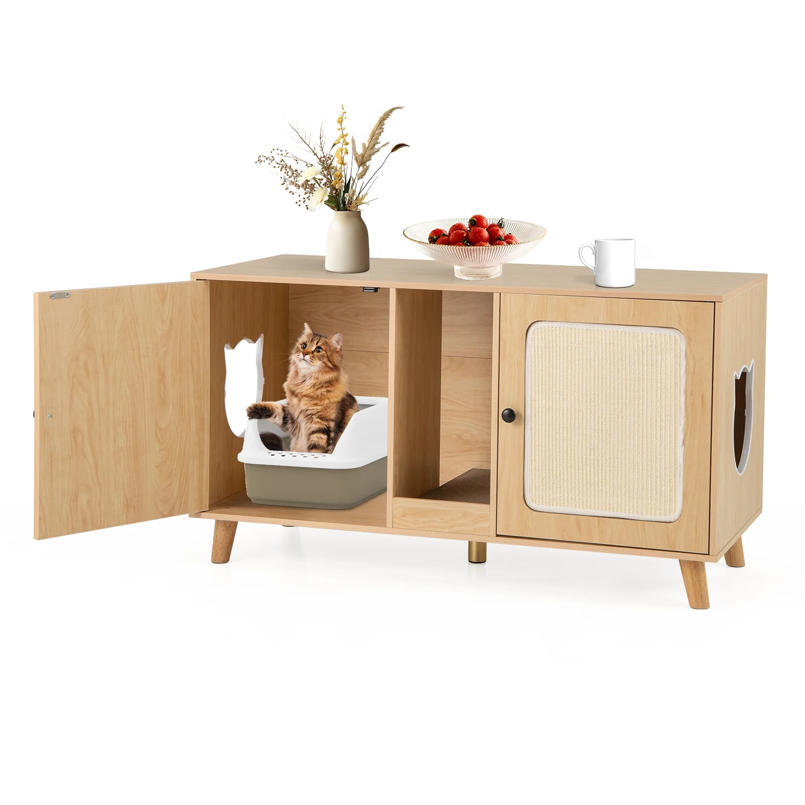 Cat Litter Box Enclosure, 43 Inches, Double Rooms, 2 Sisal Scratching Mats, Natural - Image 5