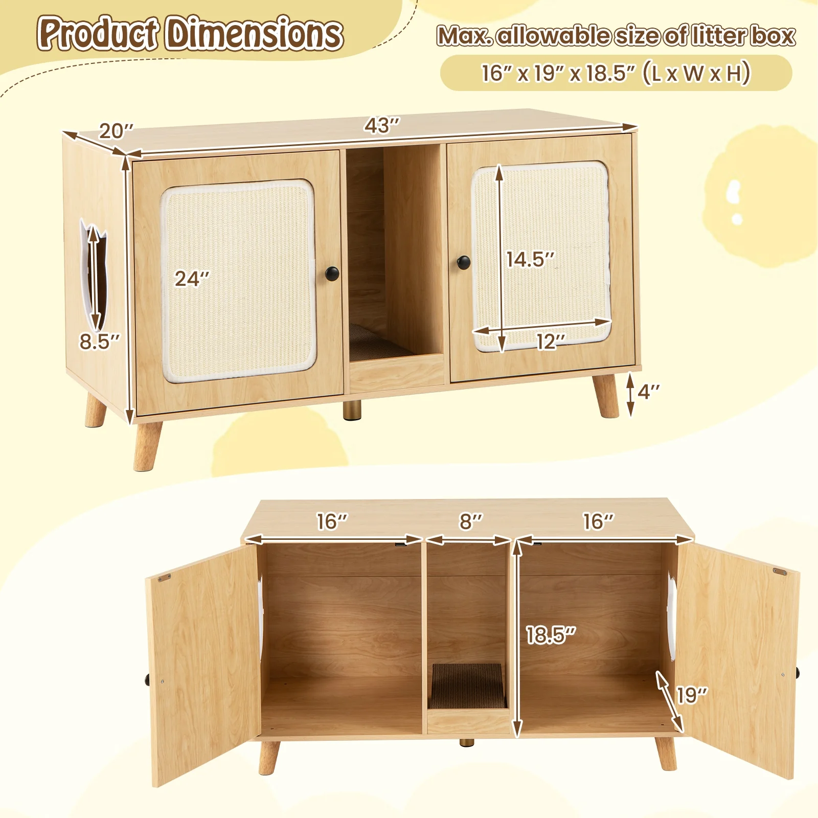 Cat Litter Box Enclosure, 43 Inches, Double Rooms, 2 Sisal Scratching Mats, Natural - Image 6