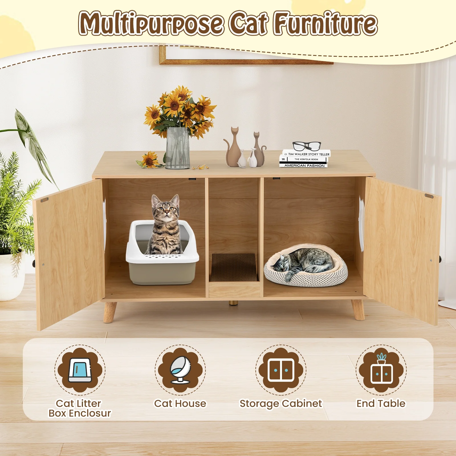 Cat Litter Box Enclosure, 43 Inches, Double Rooms, 2 Sisal Scratching Mats, Natural - Image 7