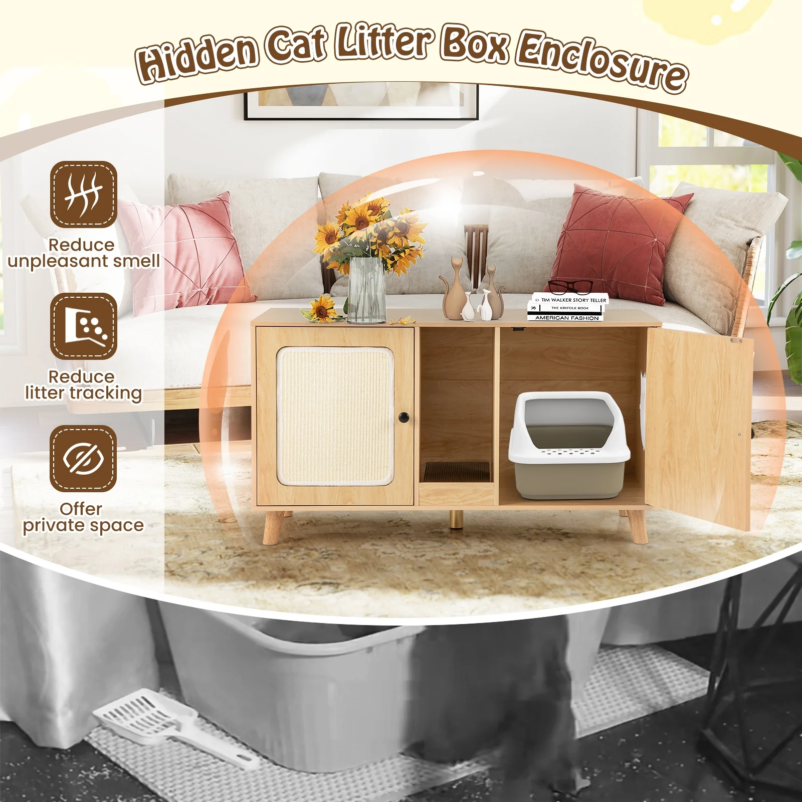 Cat Litter Box Enclosure, 43 Inches, Double Rooms, 2 Sisal Scratching Mats, Natural - Image 8
