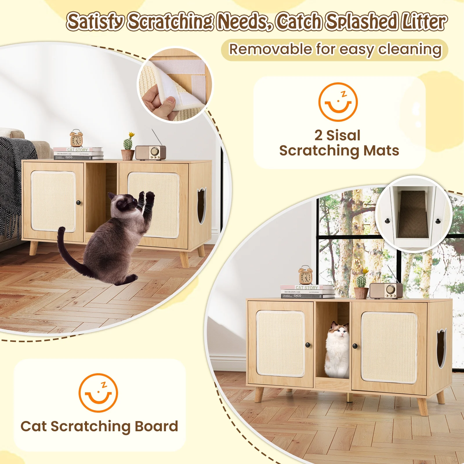 Cat Litter Box Enclosure, 43 Inches, Double Rooms, 2 Sisal Scratching Mats, Natural - Image 9