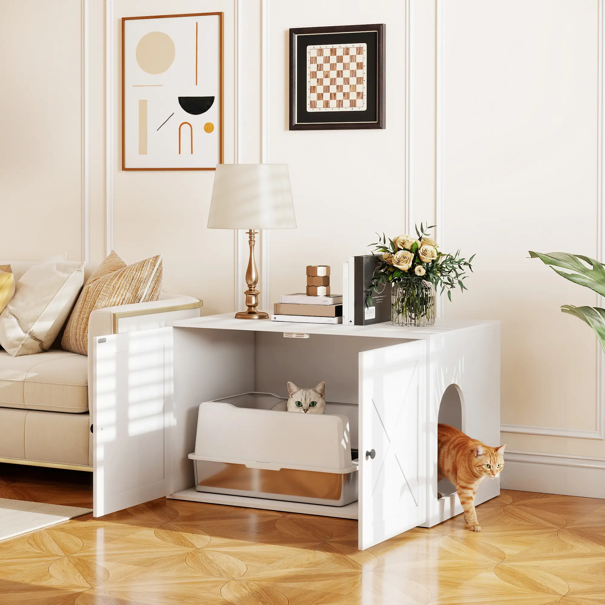 Cat Litter Box Enclosure, Double Doors, Handles, 31.5" x 21" x 20", White - Image 2