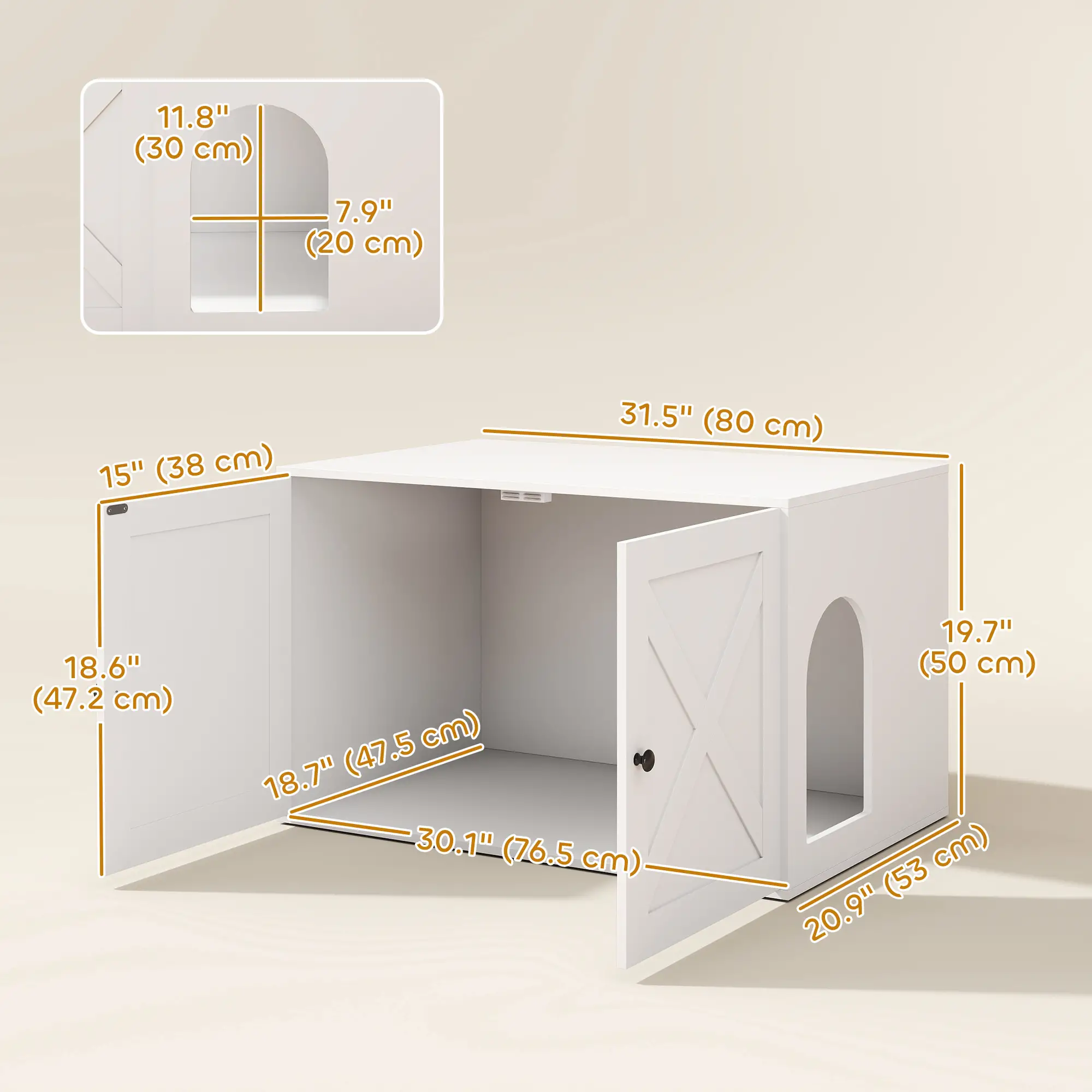 Cat Litter Box Enclosure, Double Doors, Handles, 31.5" x 21" x 20", White - Image 3