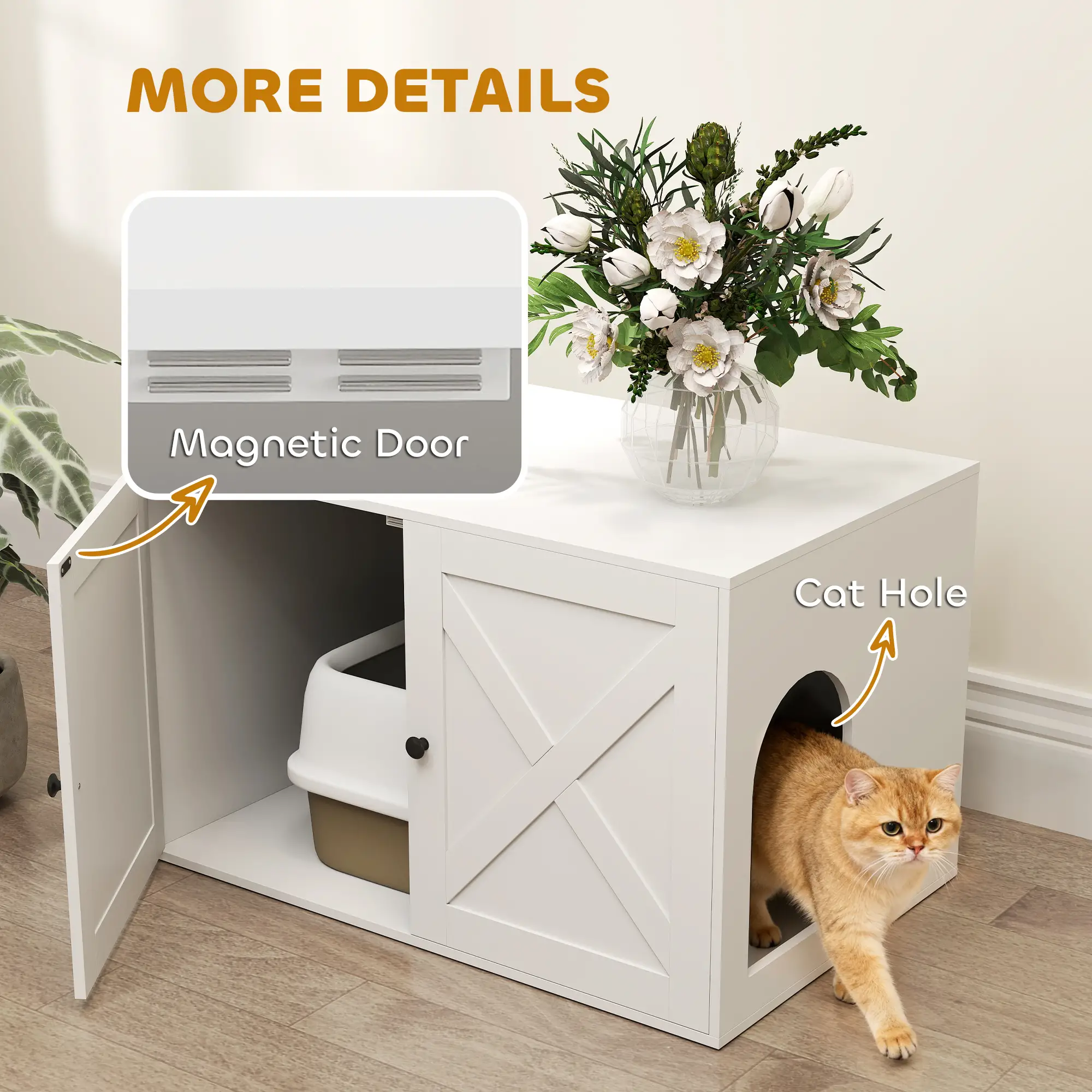Cat Litter Box Enclosure, Double Doors, Handles, 31.5" x 21" x 20", White - Image 6